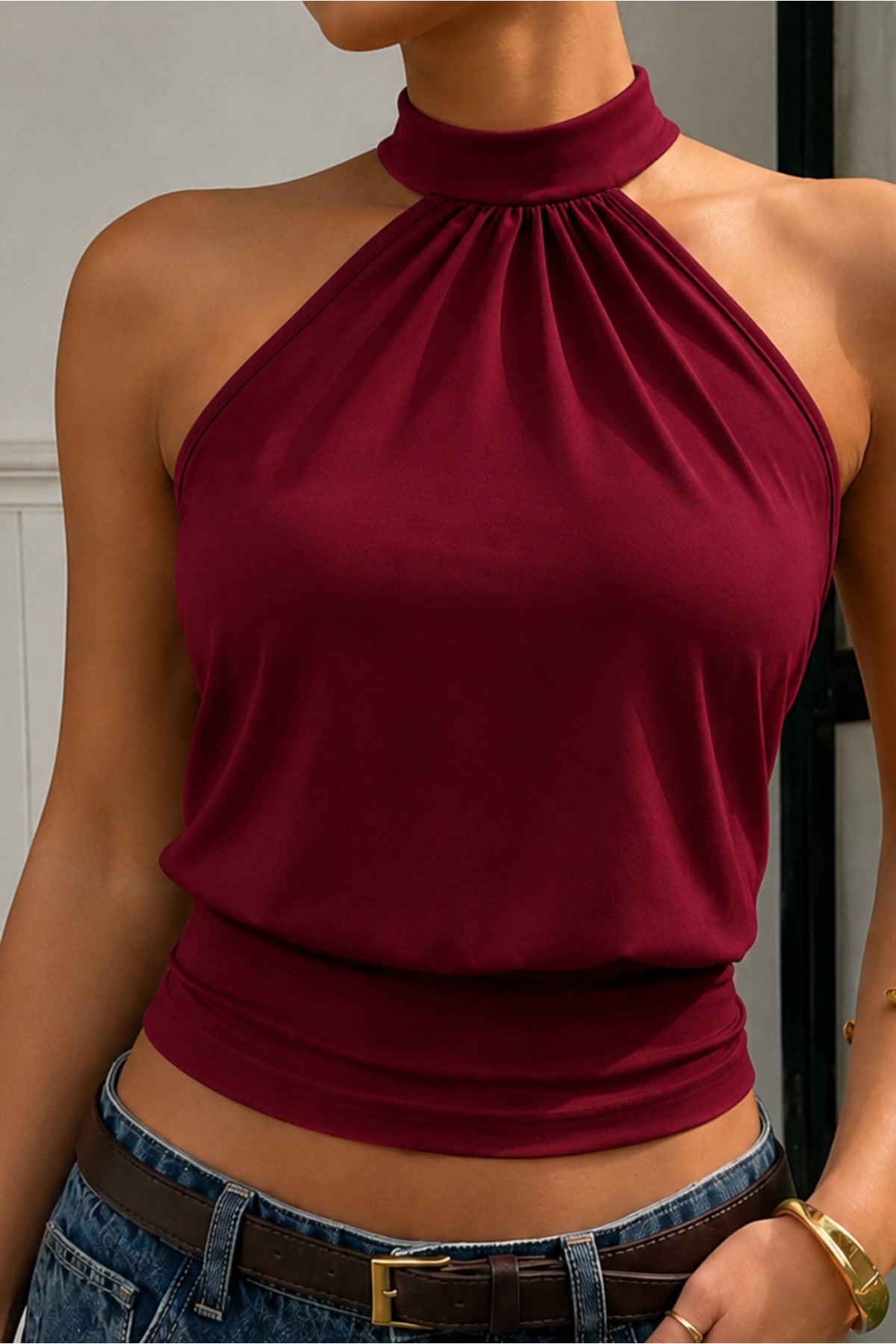 Bele Oturan Bağcıklı Esnek Crop top bluz - Bordo - Görsel 4