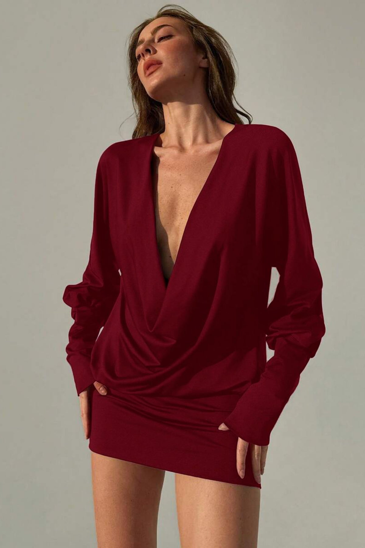Degaje Yaka Mini Elbise - Bordo - Görsel 4
