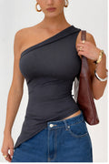 5058 ASİMETRİK ESNEK CROP TOP BLUZ - Füme - Görsel 1