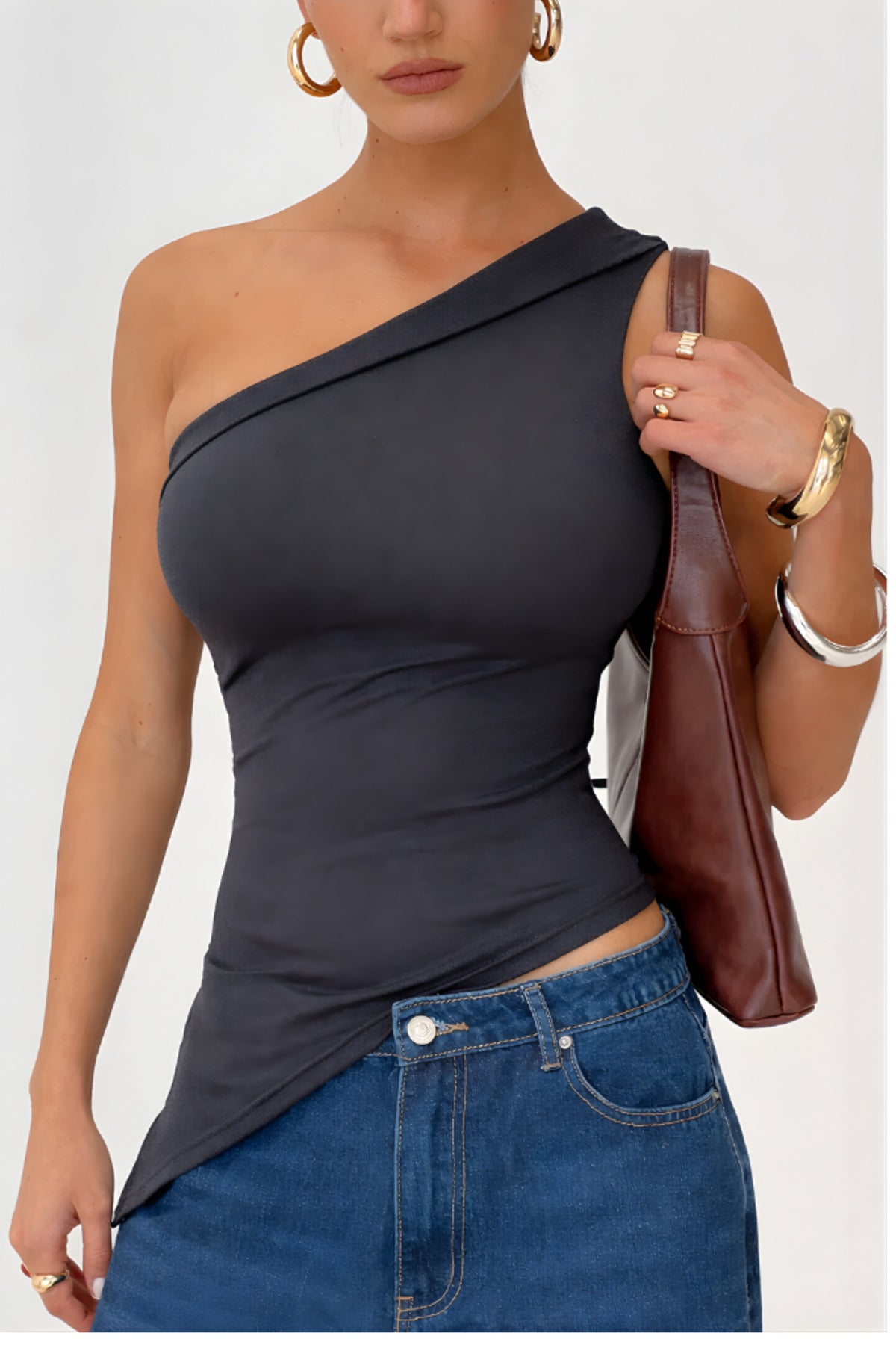 5058 ASİMETRİK ESNEK CROP TOP BLUZ - Füme - Görsel 1