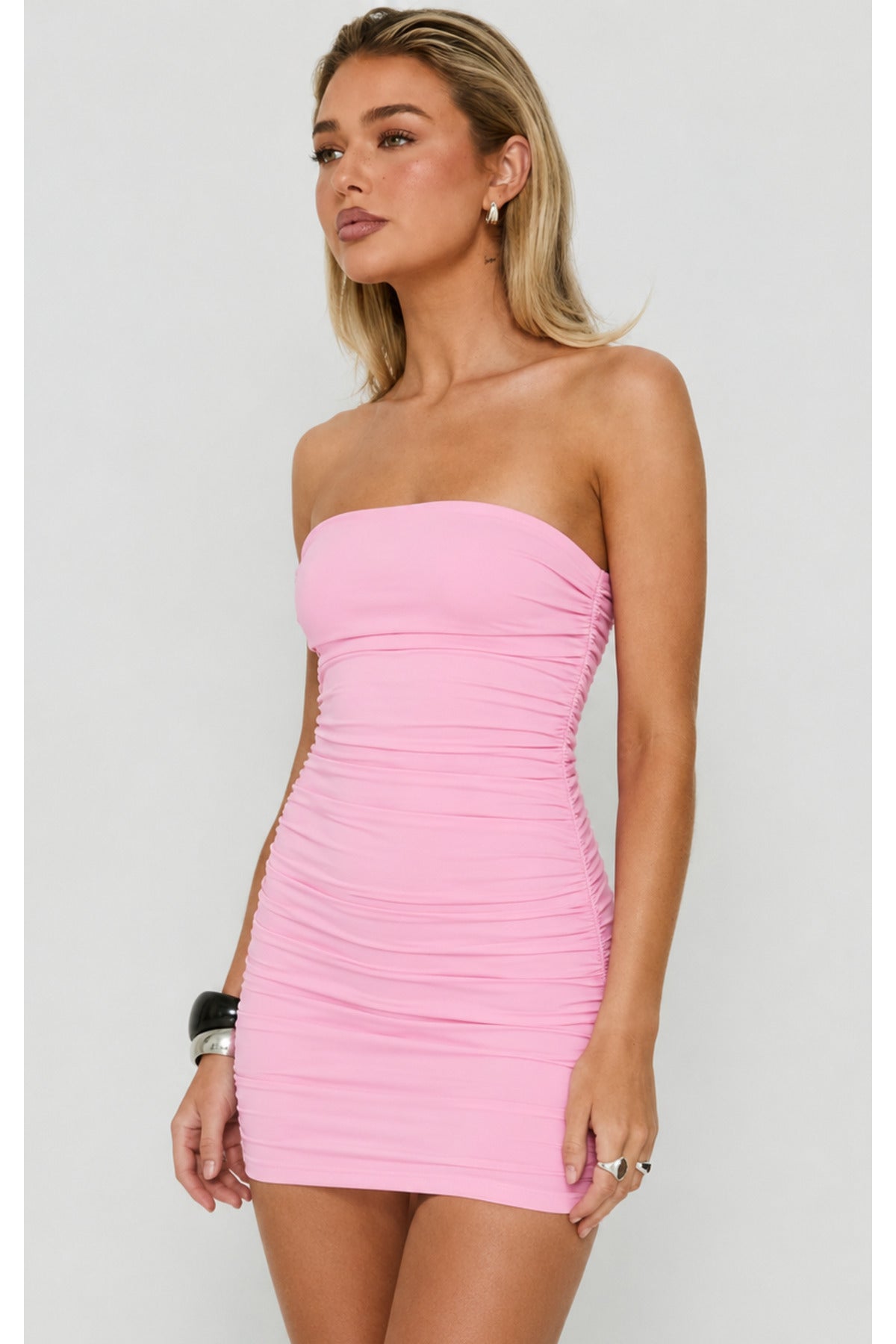 Straplez büzgü Detaylı Şık Mini Elbise - Pembe - Görsel 2