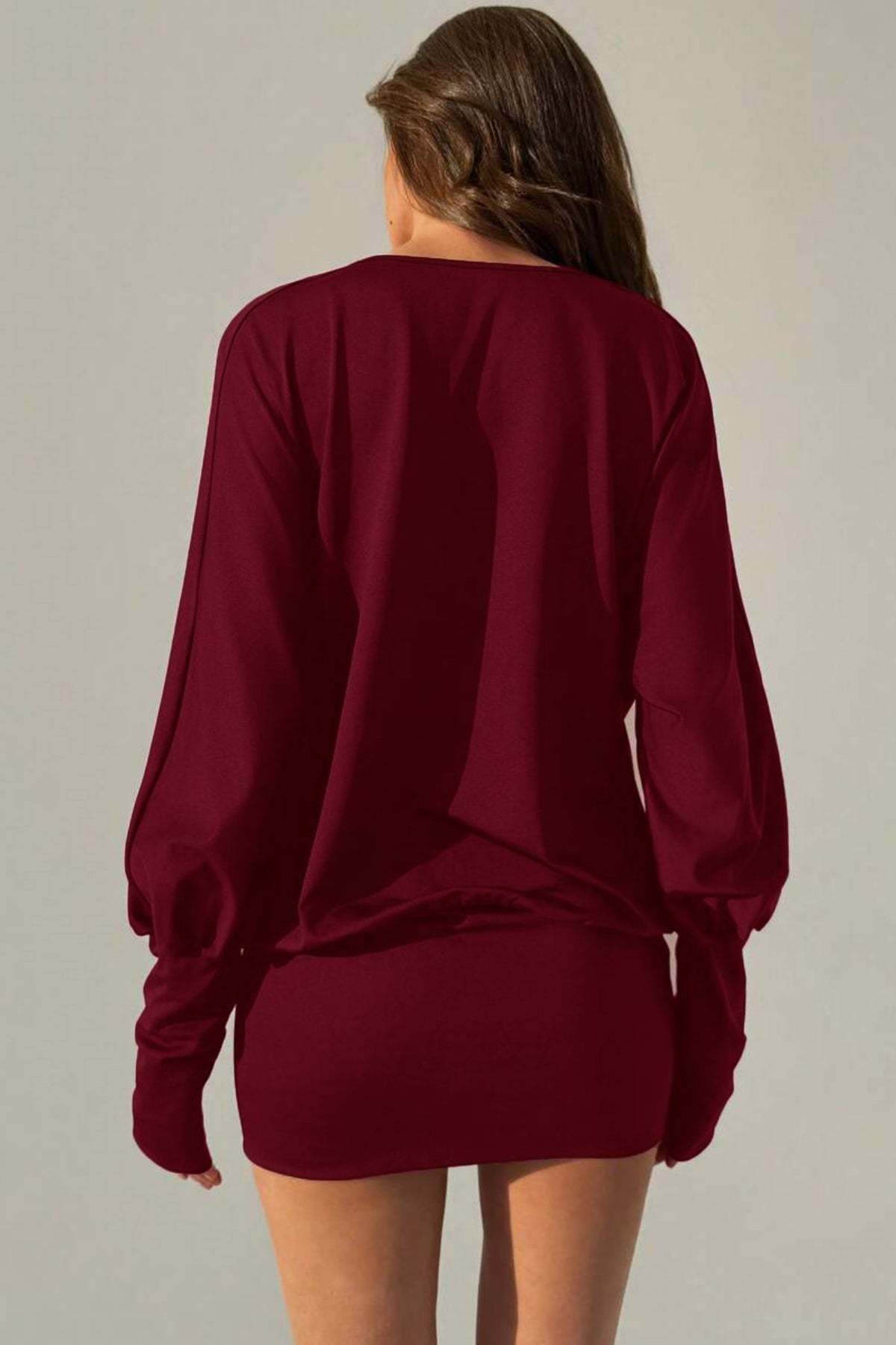 Degaje Yaka Mini Elbise - Bordo - Görsel 5