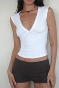 V Yaka Esnek Crop Top Bluz WFT8070B - Ekru - Görsel 1
