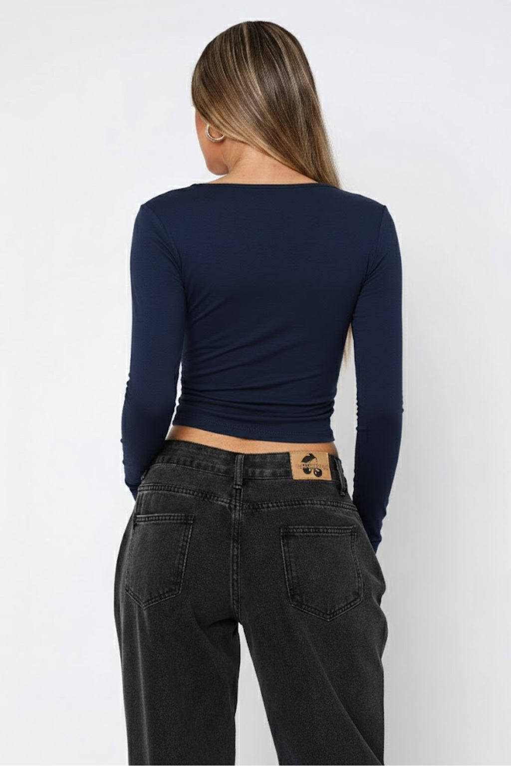 WFT6051 Yuvarlak Yaka Esnek Basic Crop Bluz - Lacivert - Görsel 3