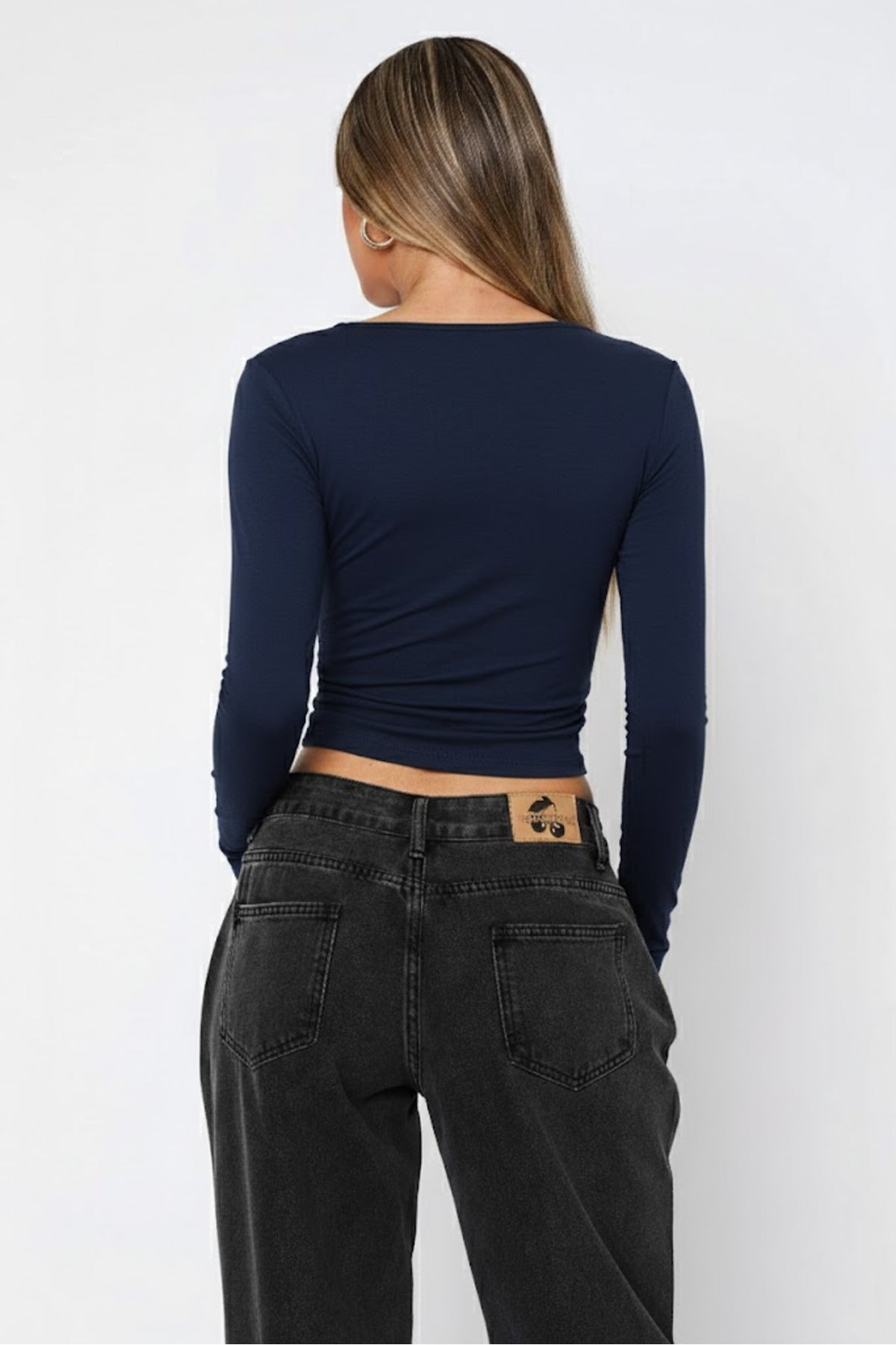 WFT6051 Yuvarlak Yaka Esnek Basic Crop Bluz - Lacivert - Görsel 3