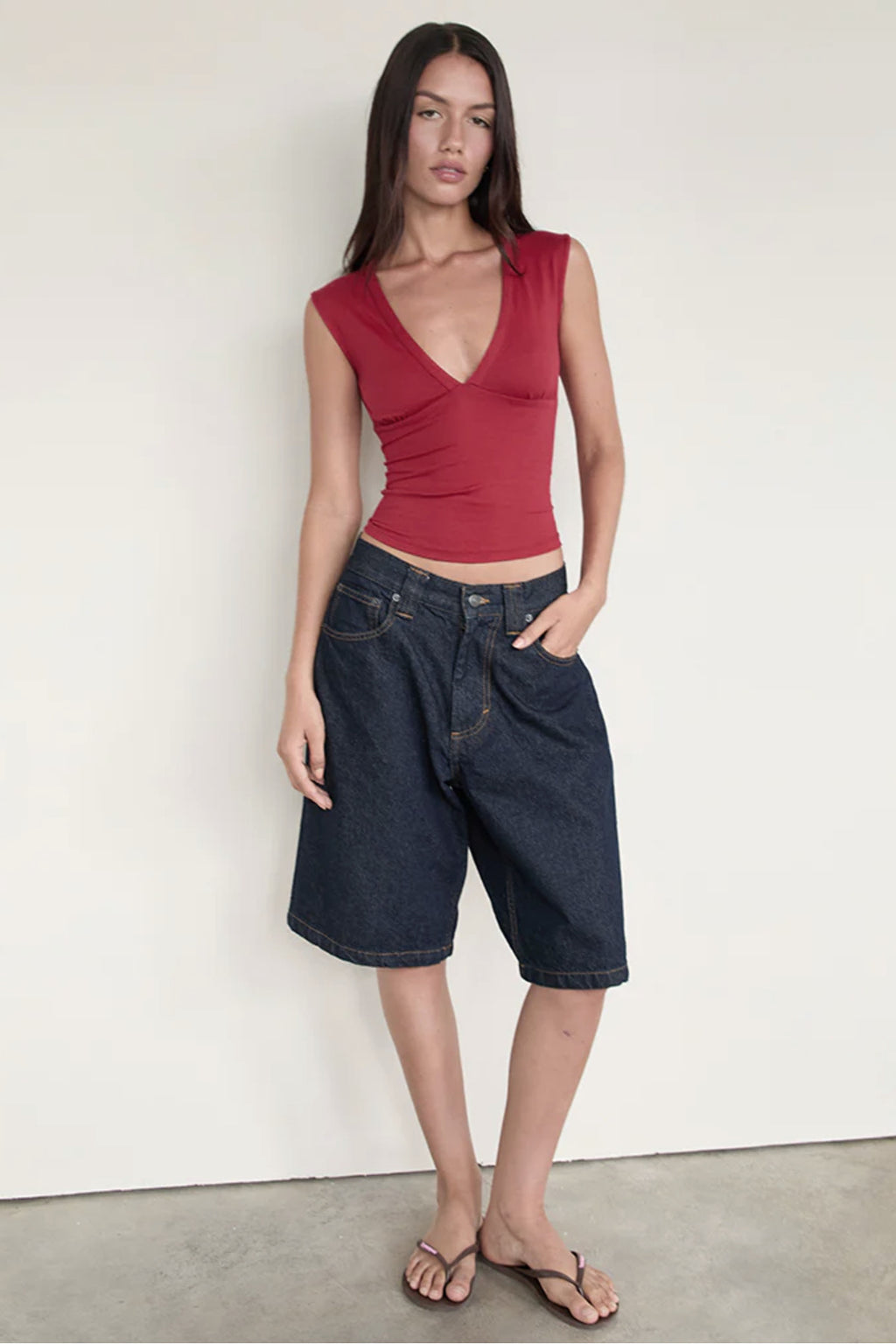 V Yaka Esnek Crop Top Bluz WFT8070B - Bordo - Görsel 2