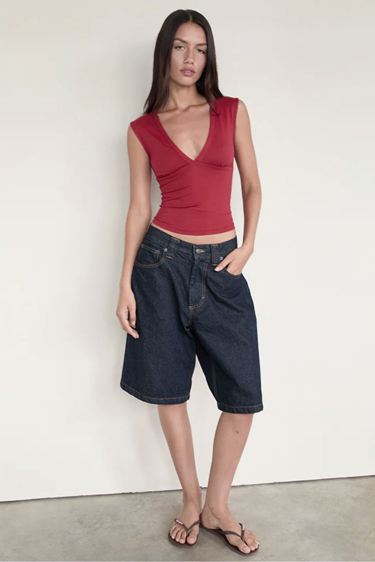 V Yaka Esnek Crop Top Bluz WFT8070B - Bordo - Görsel 2