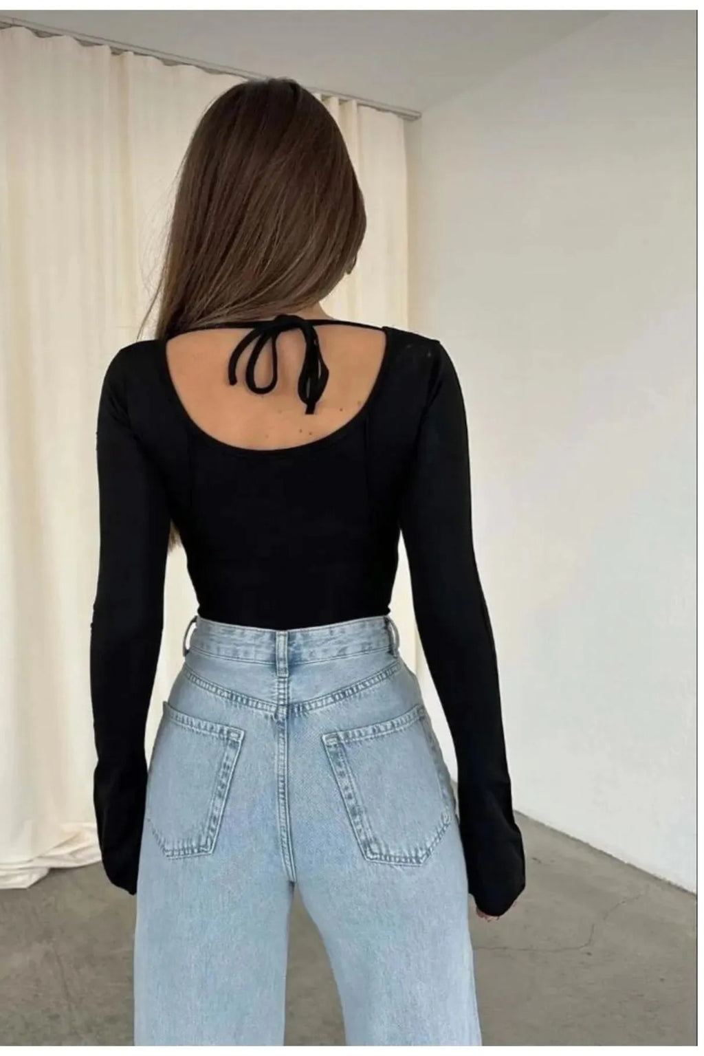 kadın Ispanyol Kol Basic Crop Top - Siyah - Görsel 2
