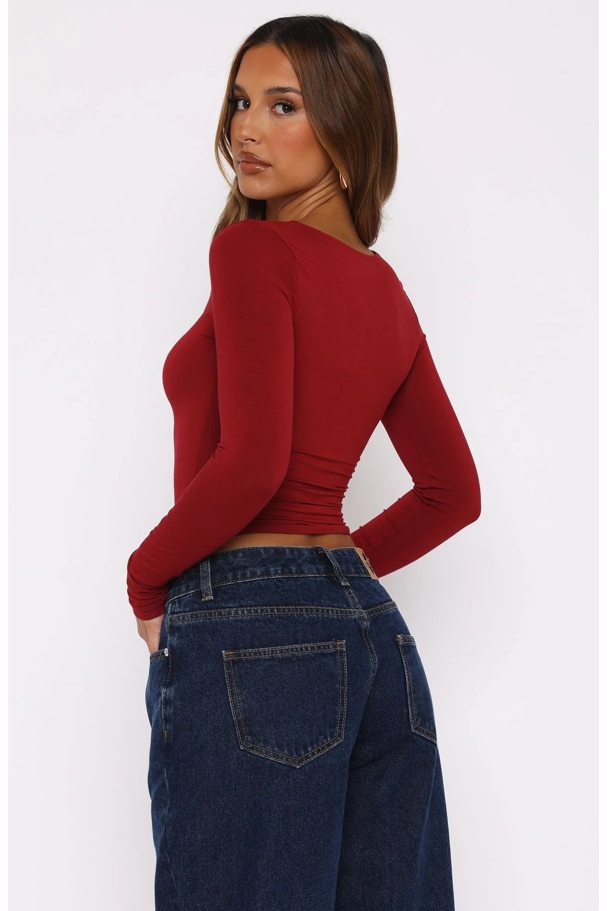 WFT6051 Yuvarlak Yaka Esnek Basic Crop Bluz - Bordo - Görsel 4