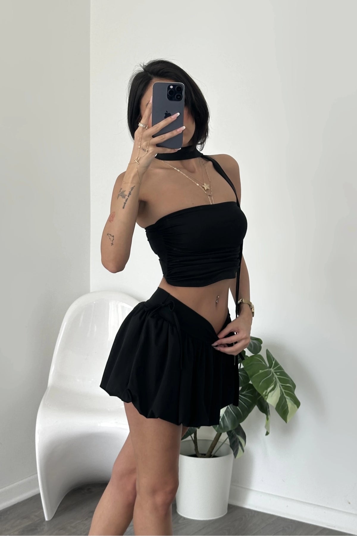 7042 BALON ETEK VE CROP TAKIM - Siyah - Görsel 2