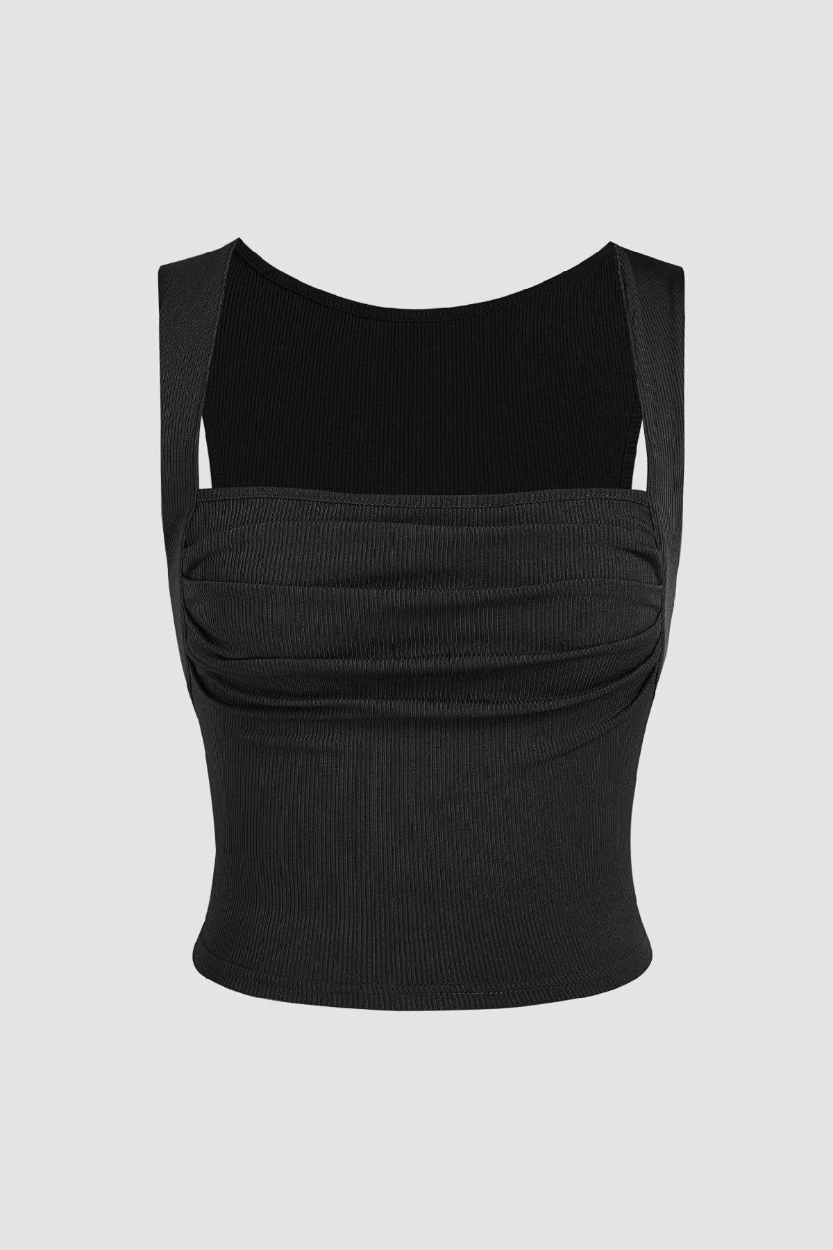 6058 Fitilli Askılı Büzgülü Crop Top - Siyah - Görsel 4