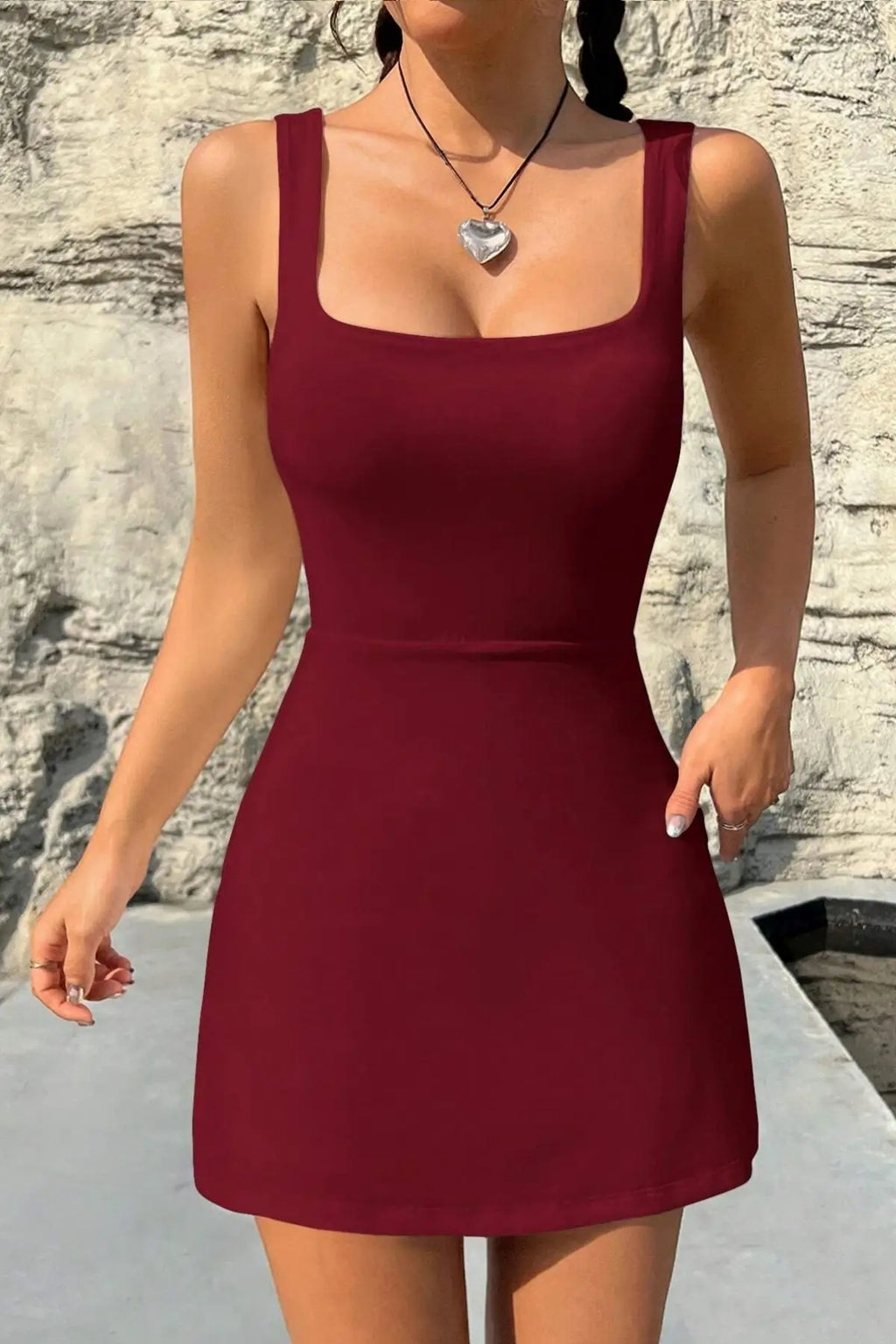 Askılı Kare Yaka Şortlu Mini Elbise - Bordo - Görsel 3
