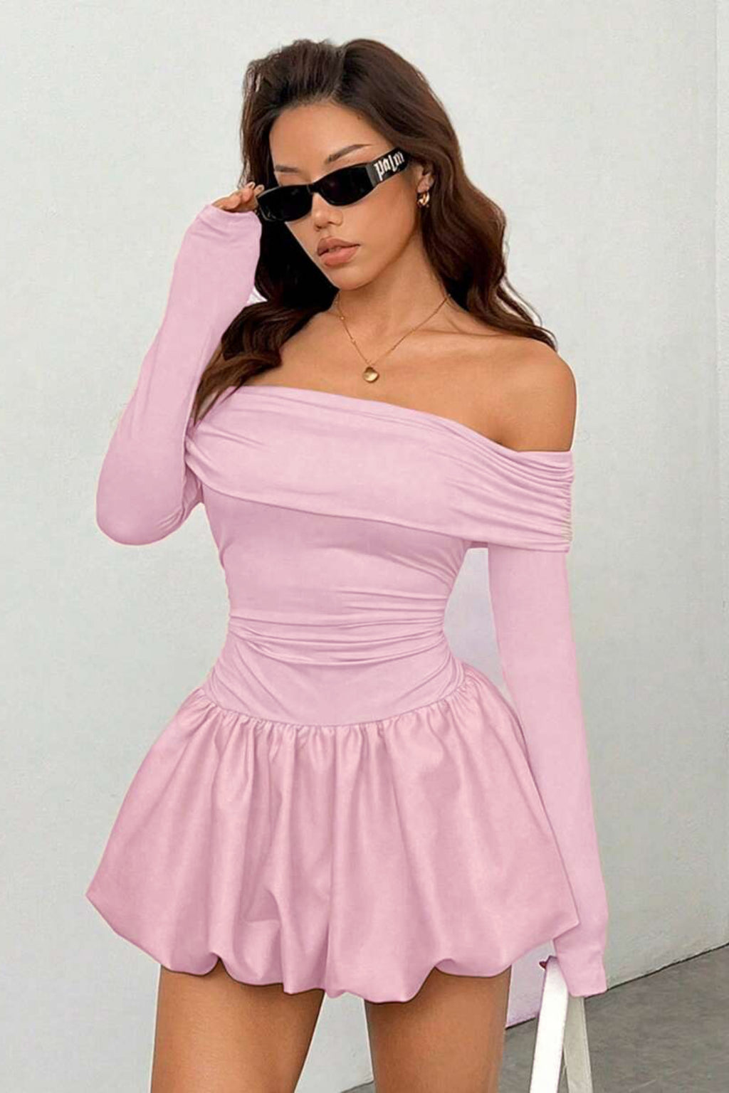 Madonna Yaka Balon Etek Mini Elbise - Pembe - Görsel 2
