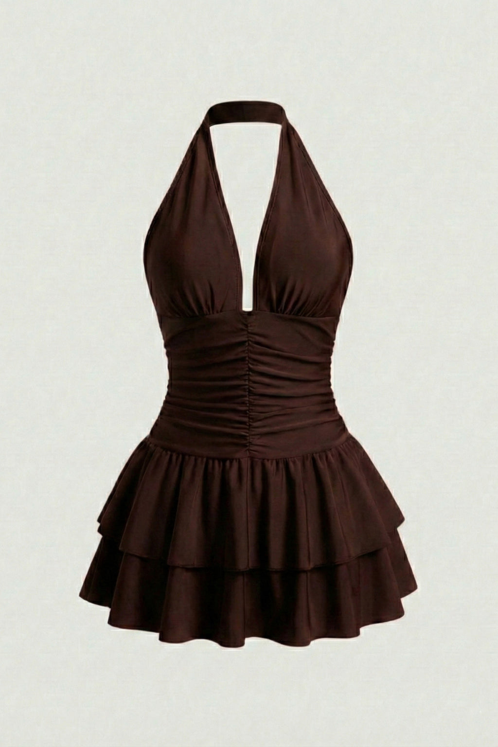 Halter Yaka Eteği Katlı Party Mini Elbise - Kahverengi - Görsel 4