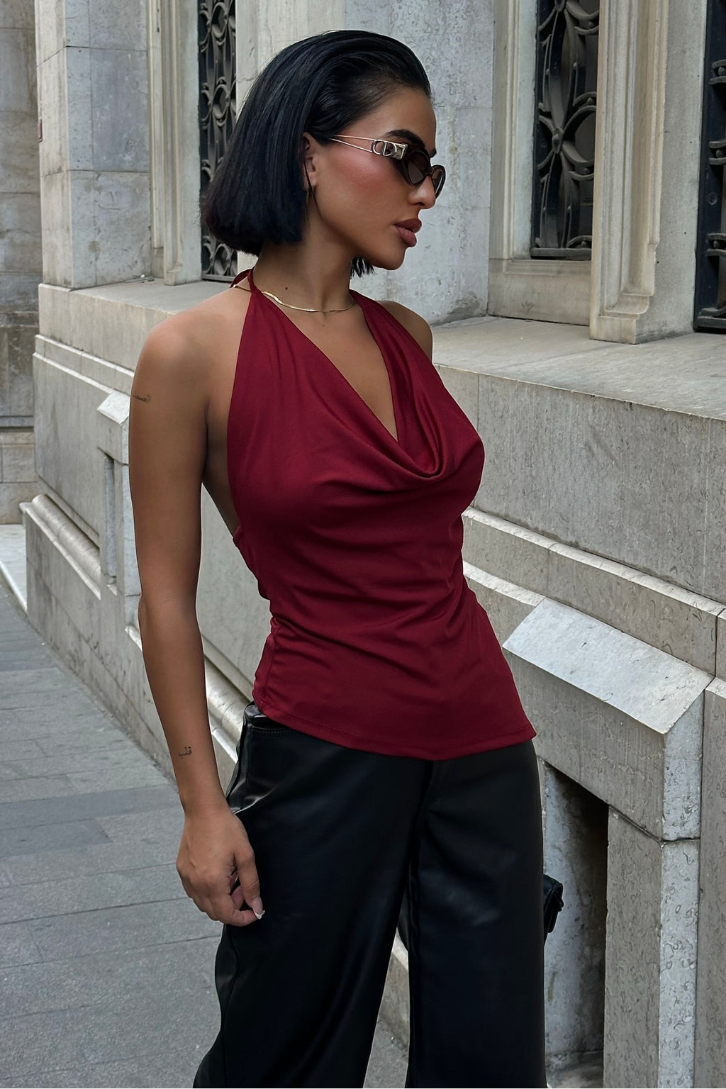 9068 Boynu İpli Eteği Asimetrik Degaje Crop Bluz - Bordo - Görsel 4