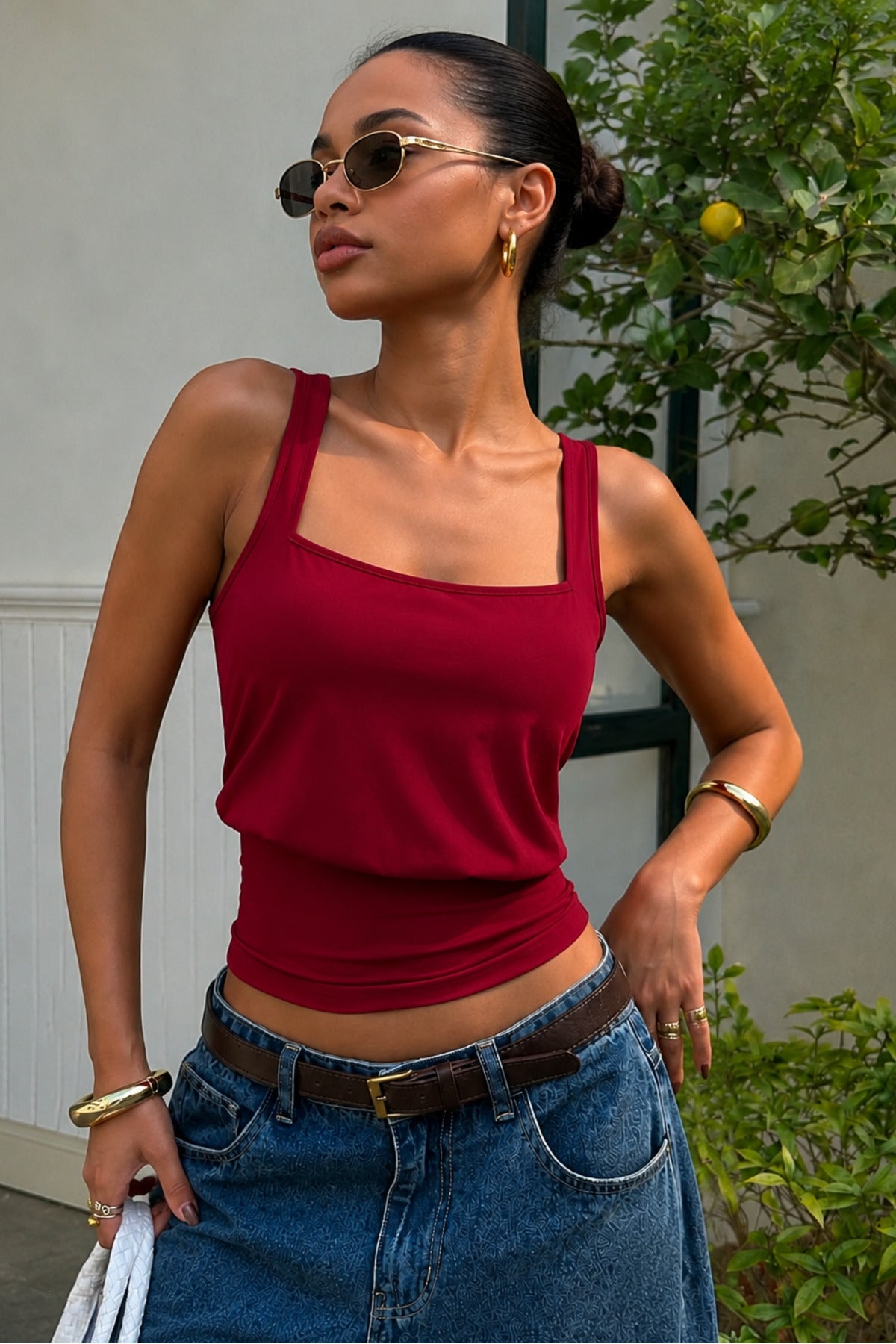 Bele Oturan Kare Yaka Esnek Crop top bluz - Bordo - Görsel 1