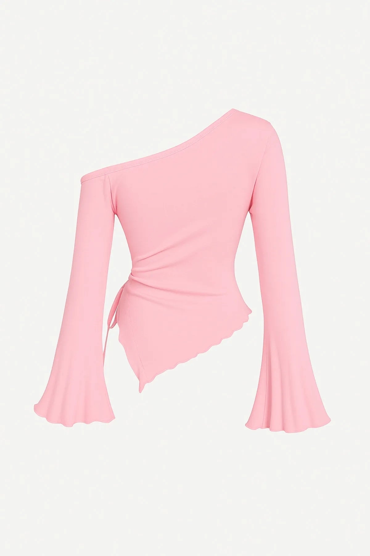 9130 ASİMETRİK YAKA YANI BÜZGÜLÜ ESNEK BLUZ - Pembe - Görsel 2