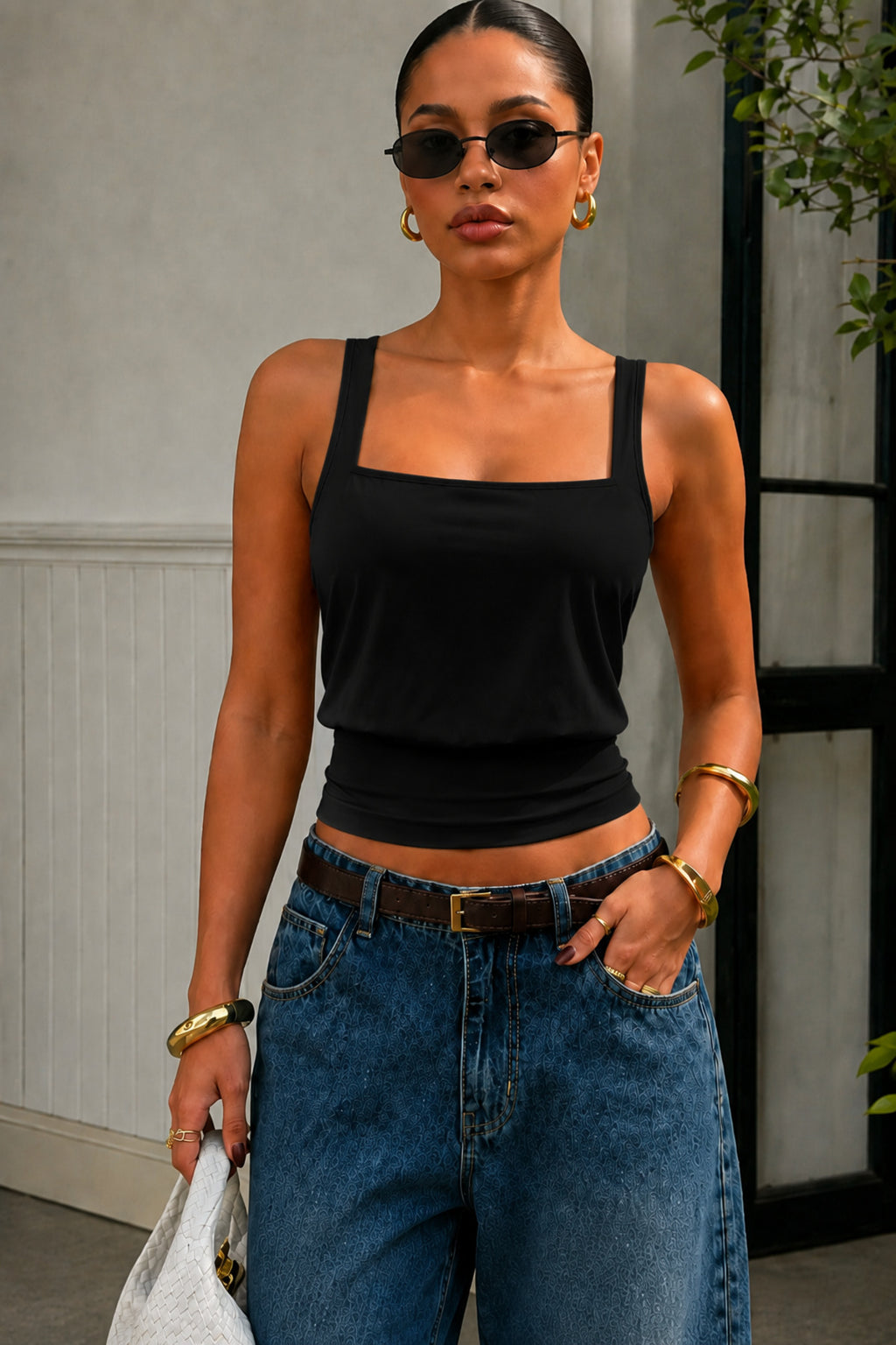 Bele Oturan Kare Yaka Esnek Crop top bluz - Siyah - Görsel 1