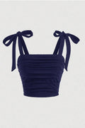 Fiyonklu Geniş Askılı Crop Bluz - LACİVERT - Görsel 1