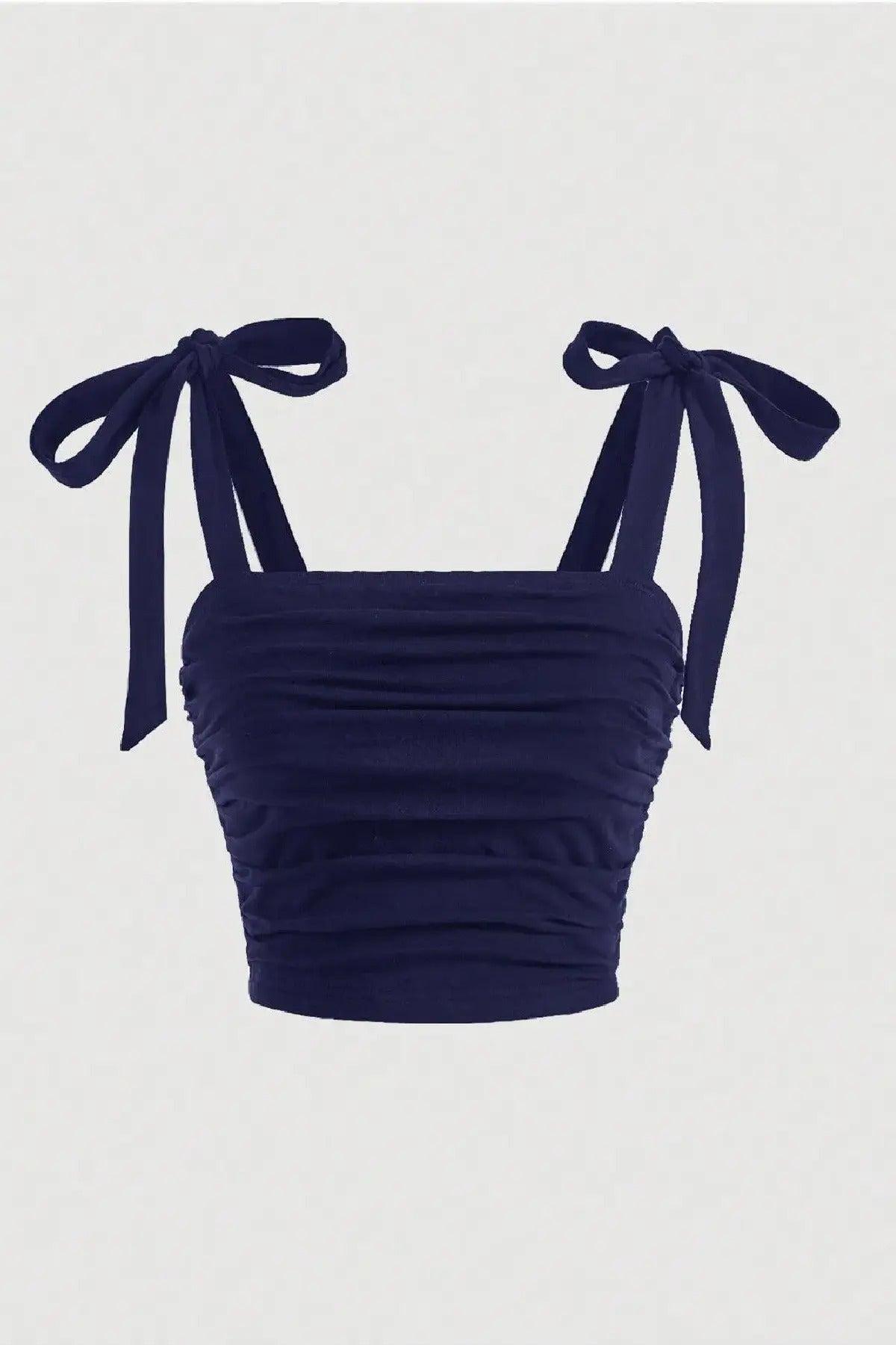 Fiyonklu Geniş Askılı Crop Bluz - LACİVERT - Görsel 1