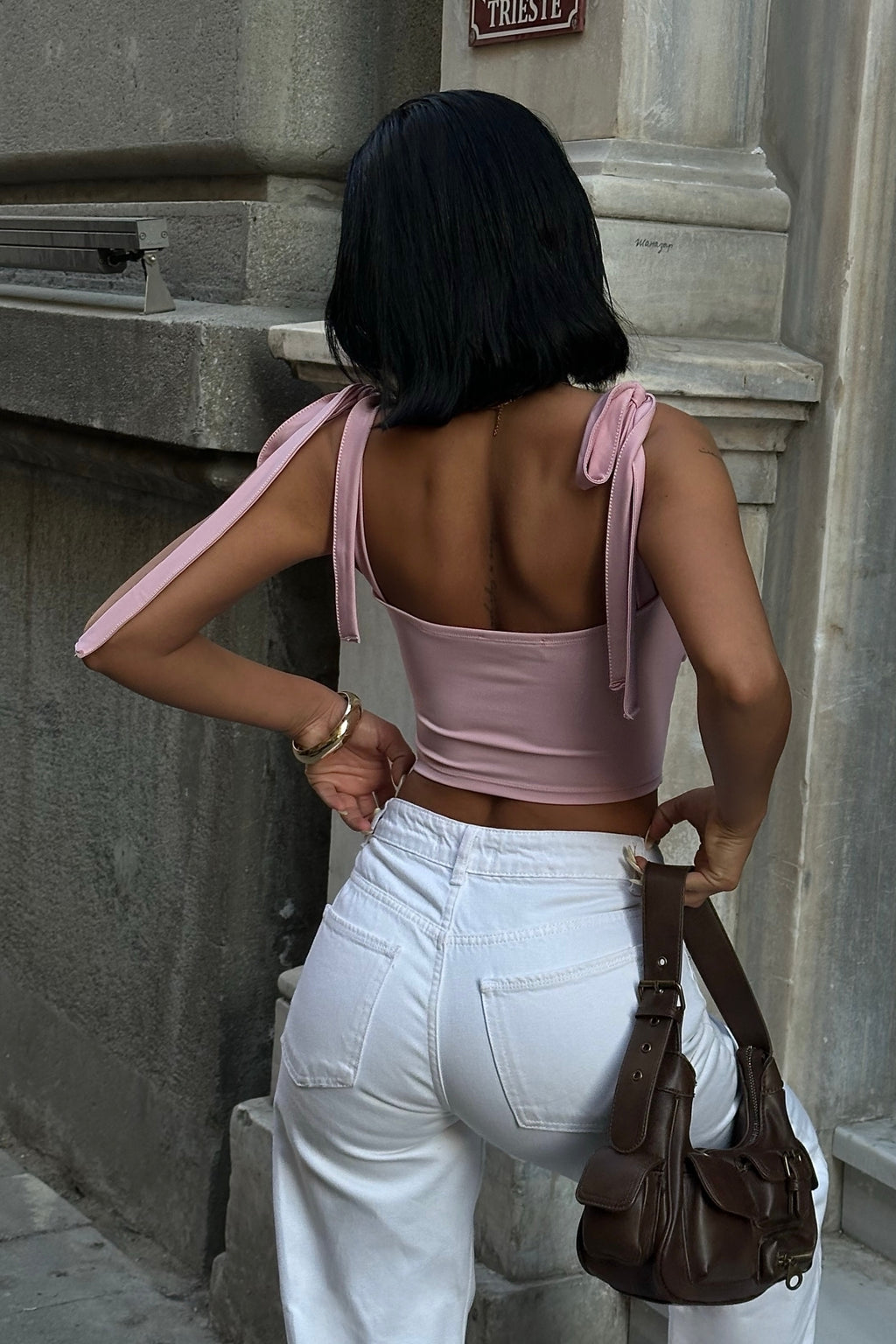 WFT5023B Fiyonklu Geniş Askılı Crop Bluz - Pembe - Görsel 5