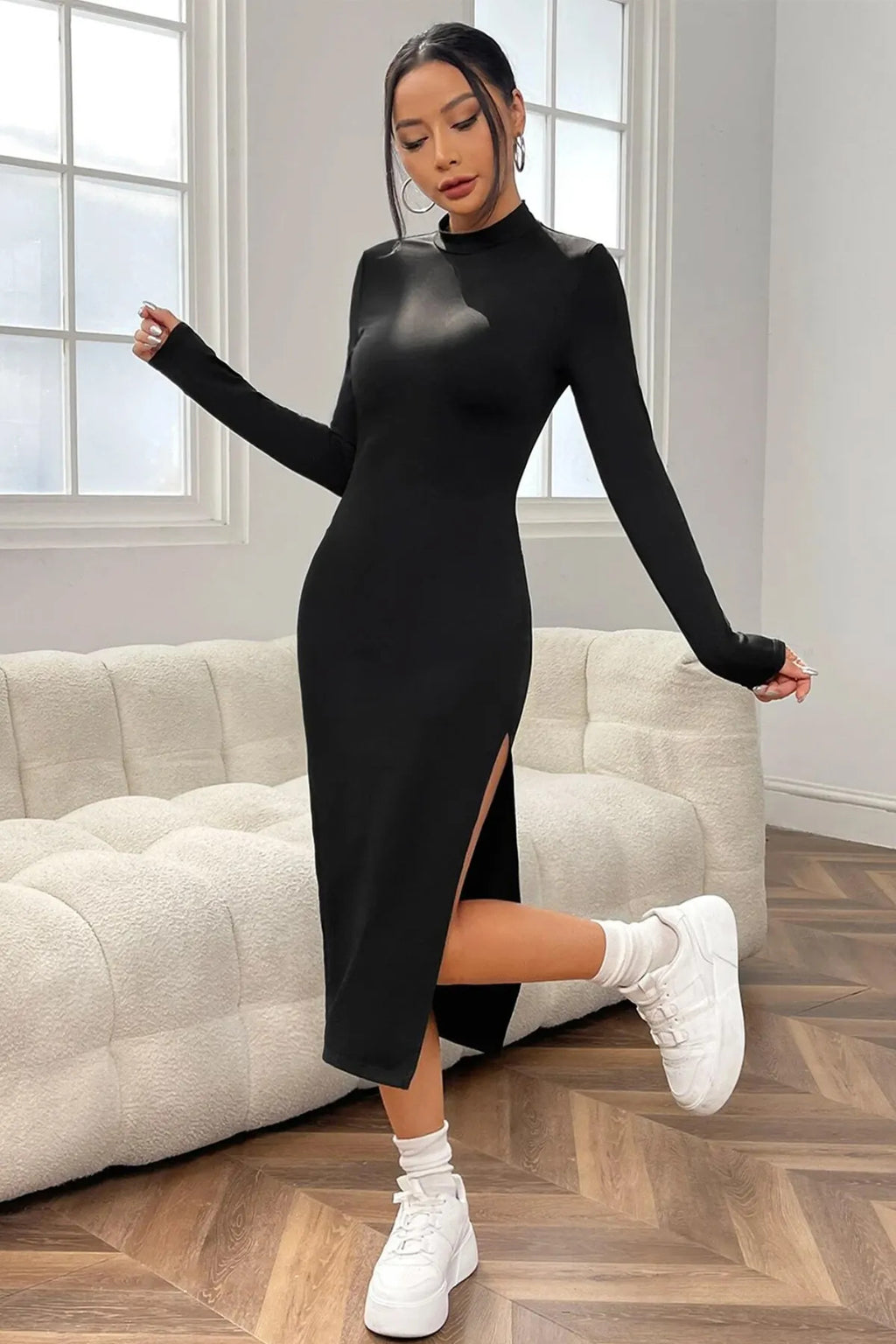 WFT5046 Yarım Balıkçı Yırtmaçlı Midi Boy Elbise - Siyah - Görsel 1