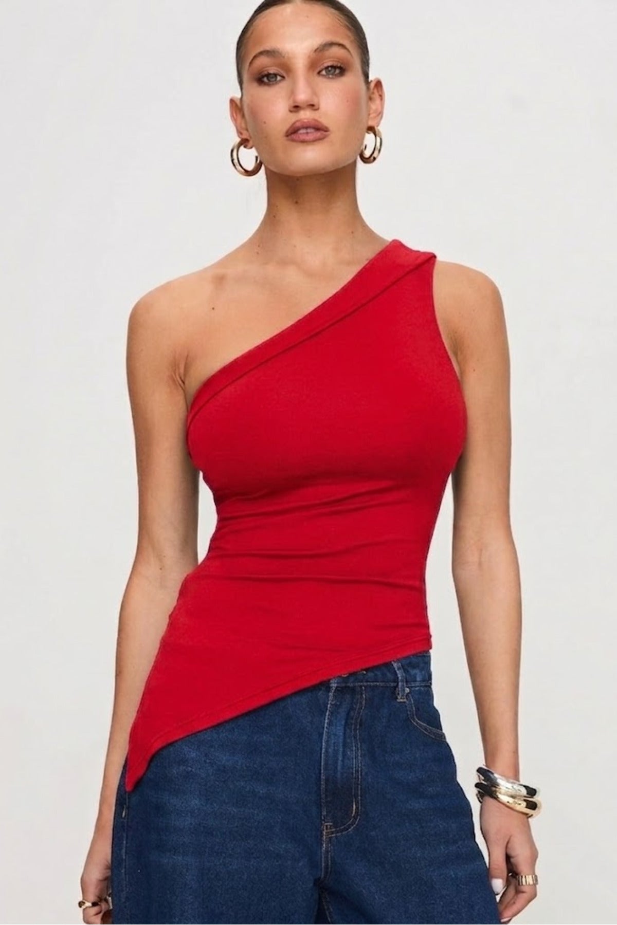 5058 ASİMETRİK ESNEK CROP TOP BLUZ - Kırmızı - Görsel 2
