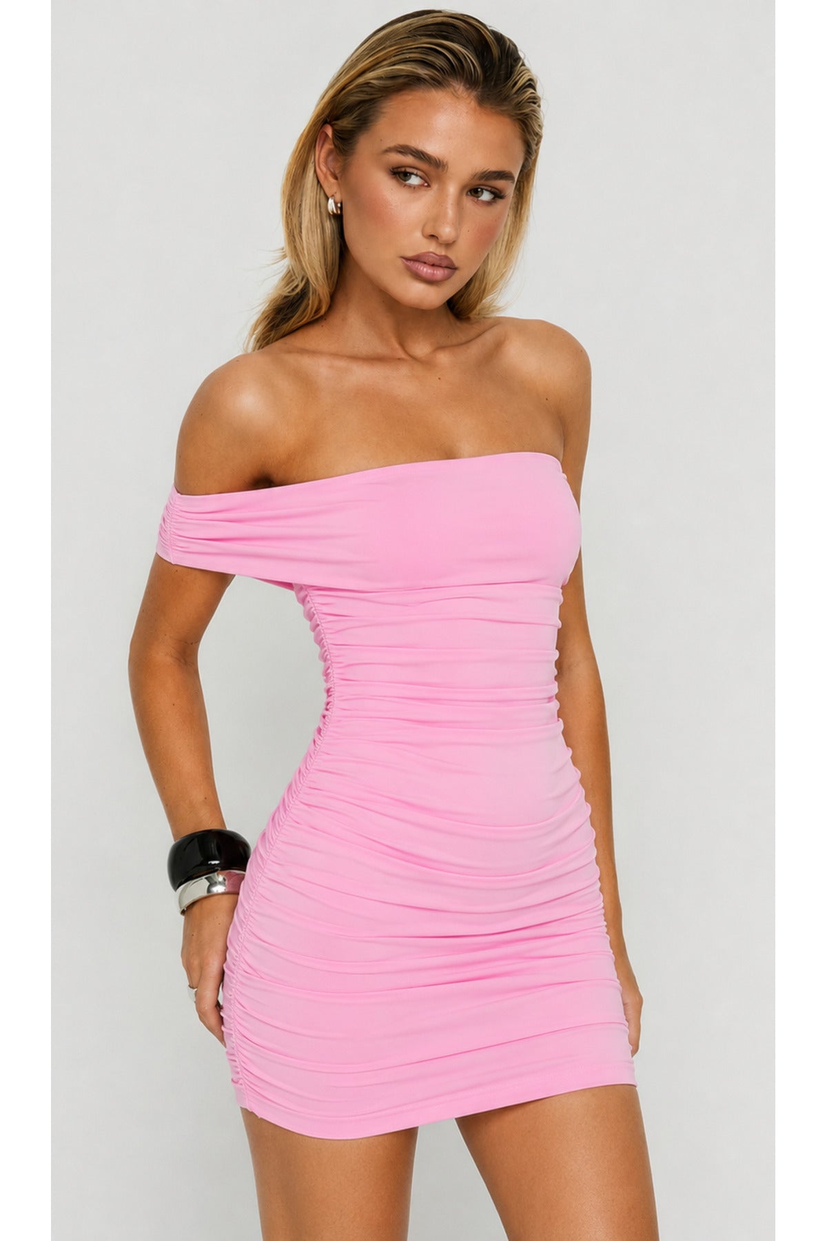 Straplez büzgü Detaylı Şık Mini Elbise - Pembe - Görsel 3