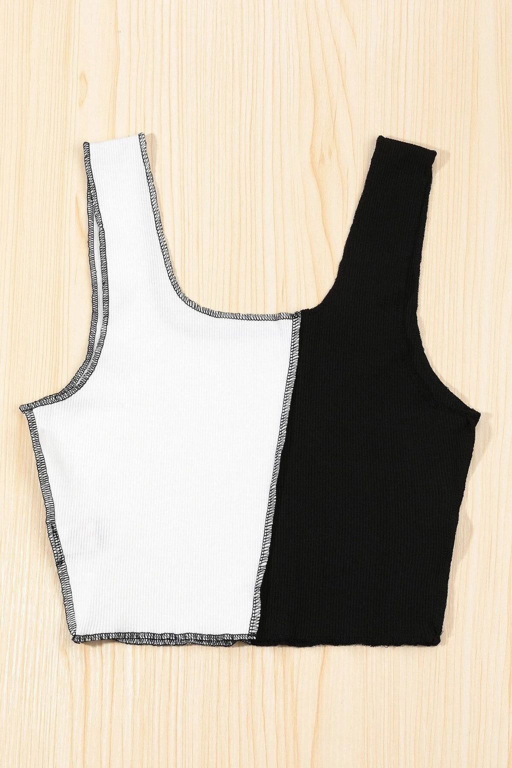 1537 Kontrast Dikişli Crop Bluz - Siyah/Beyaz - Görsel 2