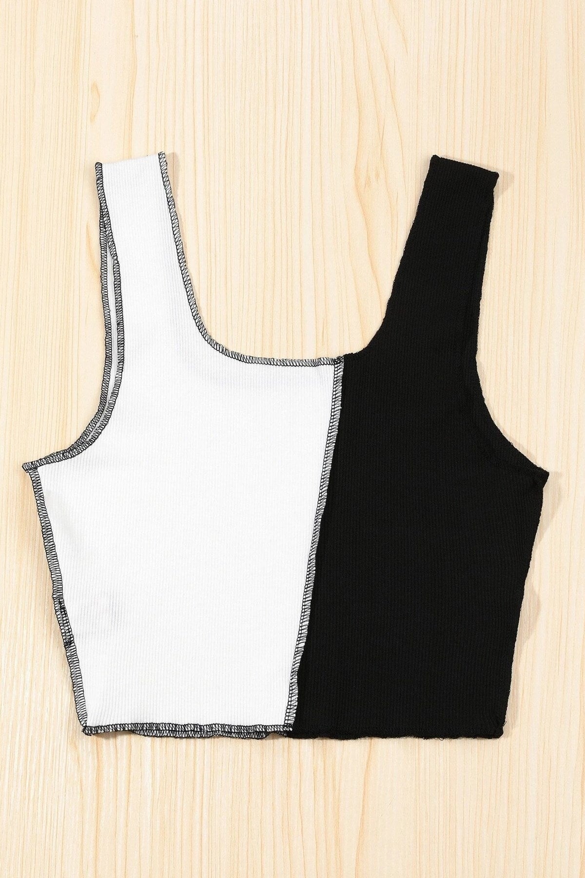1537 Kontrast Dikişli Crop Bluz - Siyah/Beyaz - Görsel 2