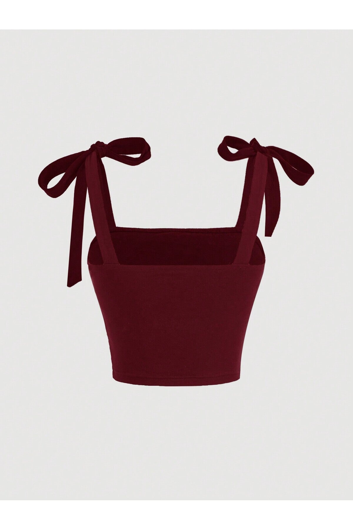 Bordo Fiyonklu Yazlık Crop Top, Bordo Fiyonklu Omuzdan Bağlamalı Yazlık Geniş Askılı Üst Bluz - Bordo - Görsel 2