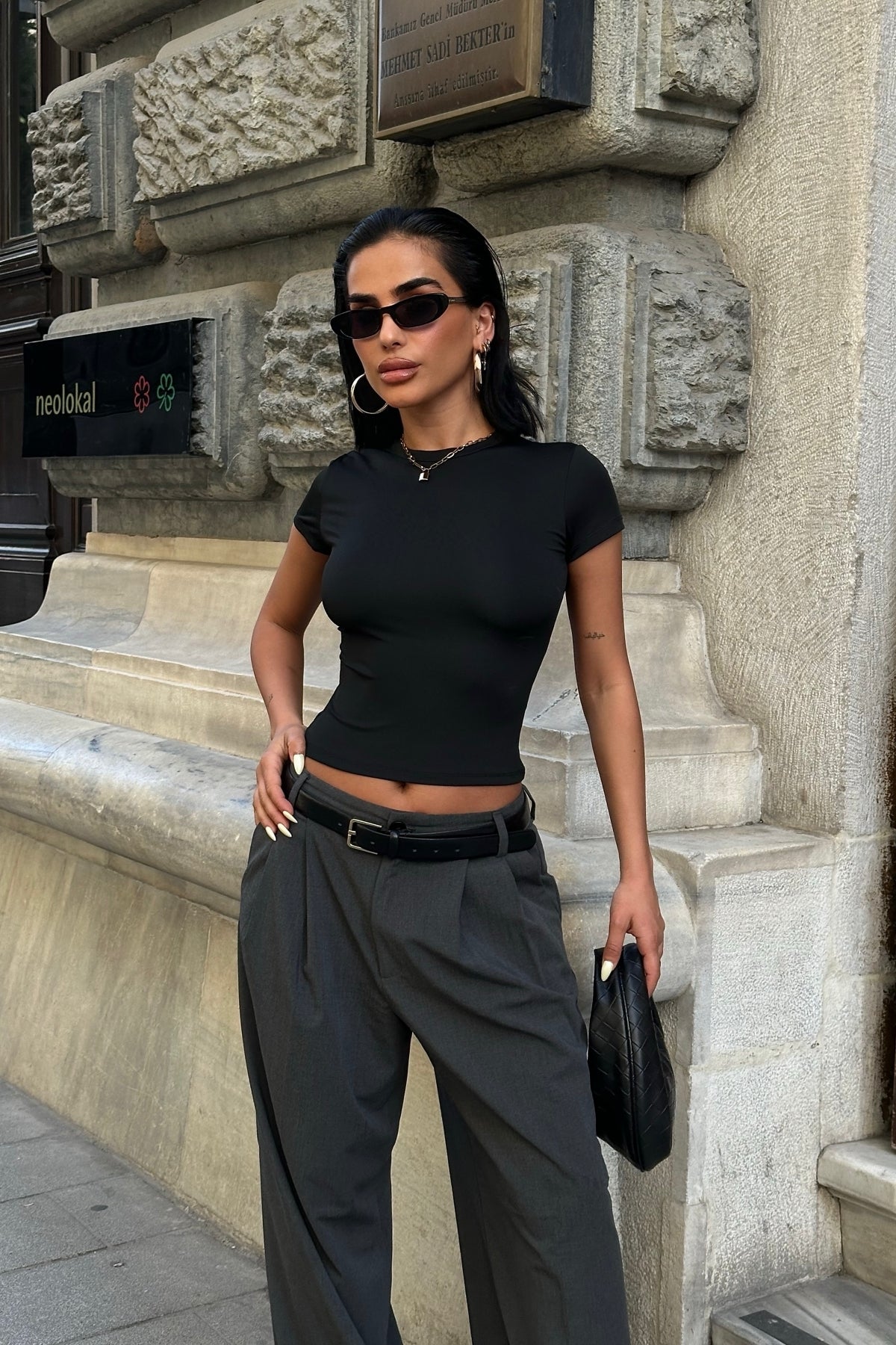Bisiklet Yaka Basic Kısa Kollu Esnek Body - Siyah - Görsel 1