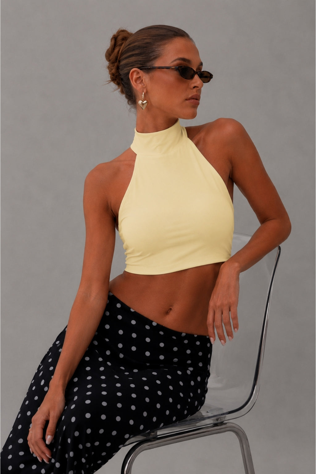 Halter Yaka Çift Kat Crop Top - Sarı - Görsel 1