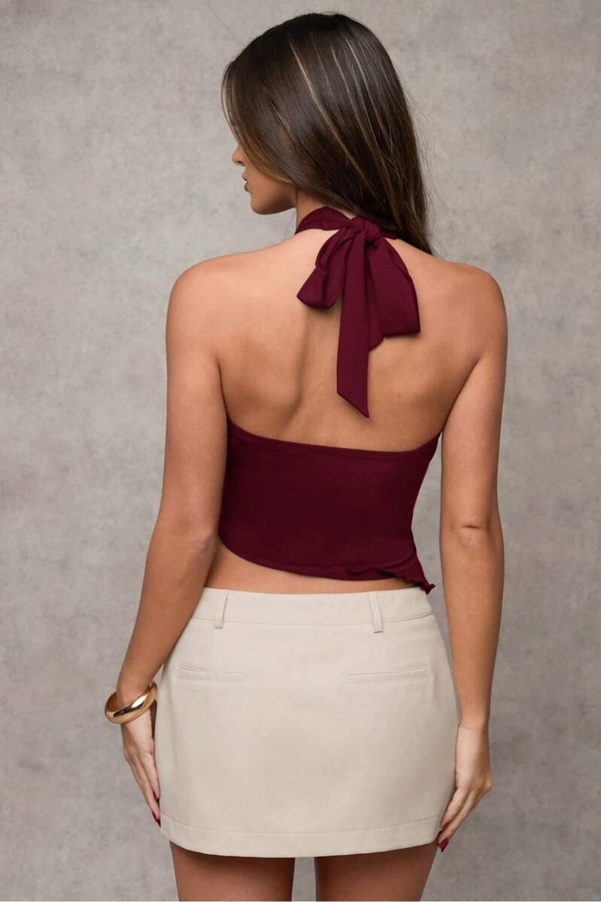 9100 Yanı Aksesuarlı Askılı Crop Bluz - Bordo - Görsel 2