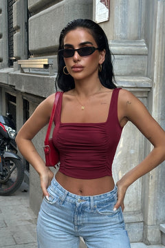 Ön ve Arkası Büzgülü Toparlayıcı Esnek Crop – Bordo