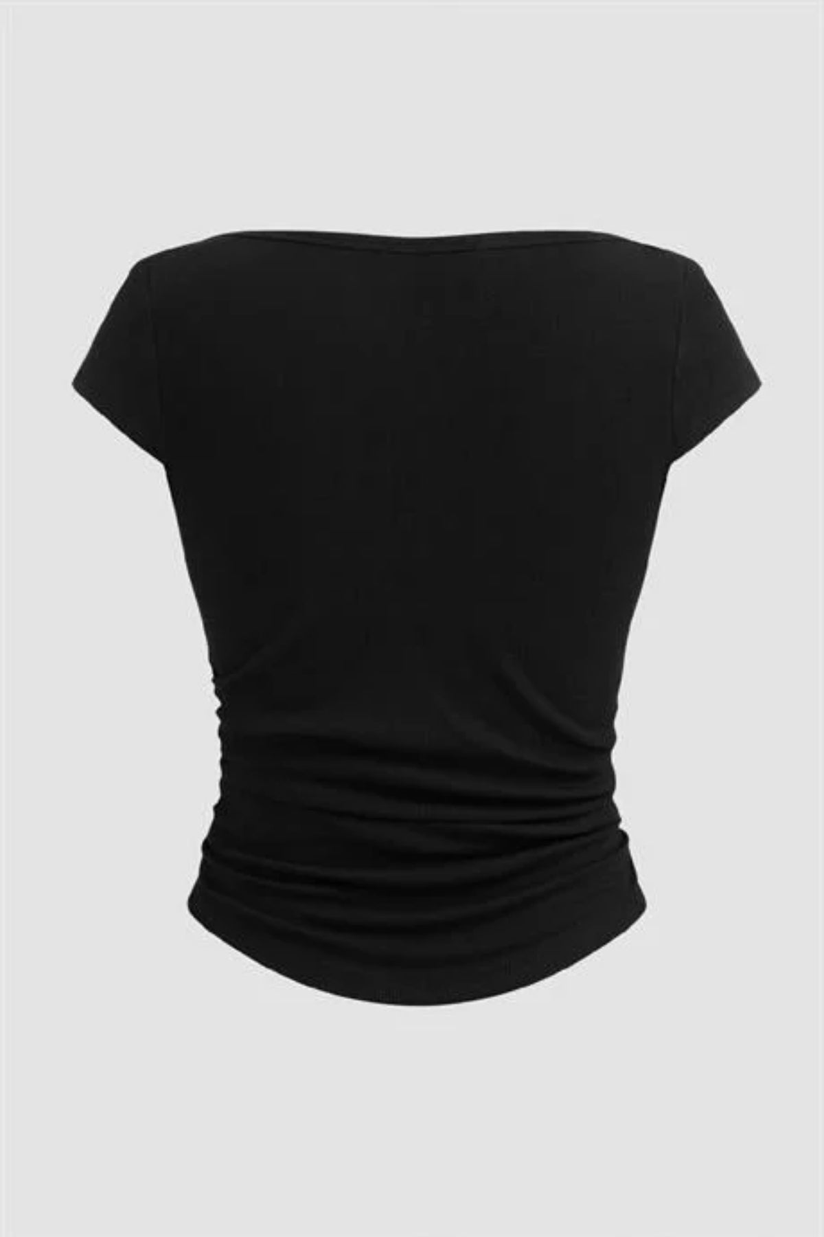 Siyah Fitilli Kısa Kollu Yanları Büzgülü Crop Top - Siyah - Görsel 6