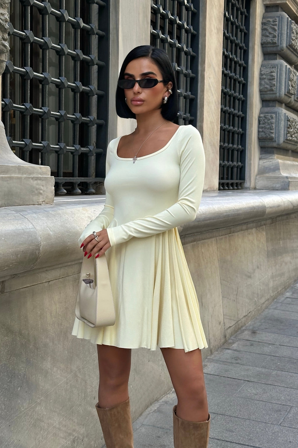 Kare Yaka Uzun Kollu Mini Elbise - Sarı - Görsel 3