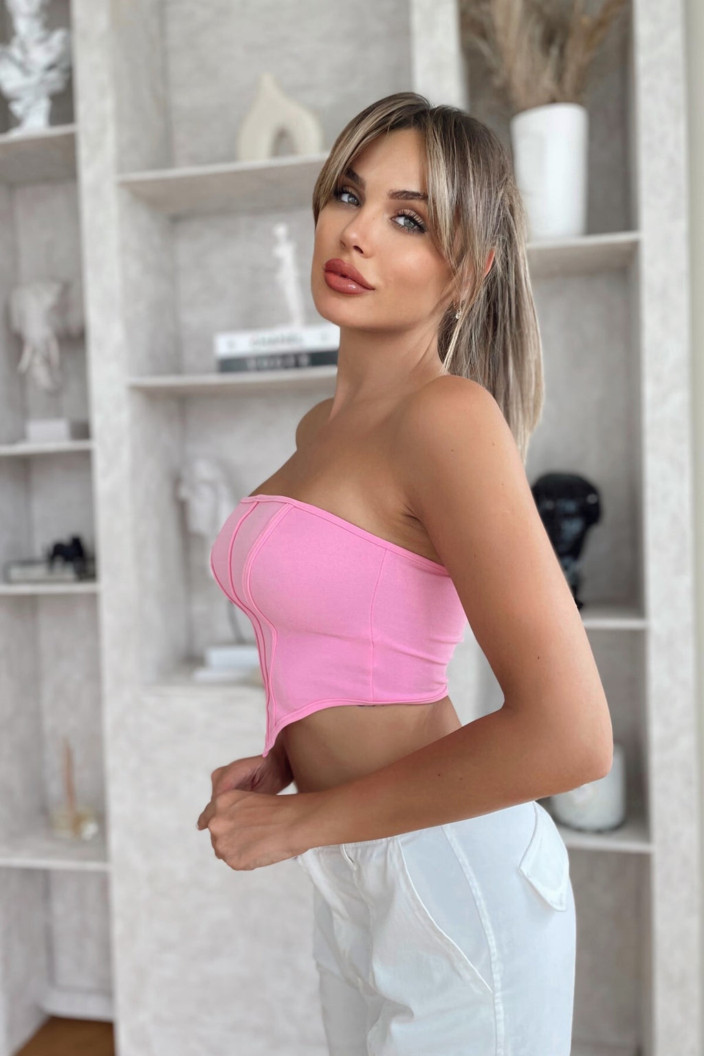 1820 Straplez Fermuar Detaylı Crop - Pembe - Görsel 3
