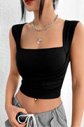 Kare Yaka Büzgü Detaylı Esnek Crop Bluz - SİYAH - Görsel 1