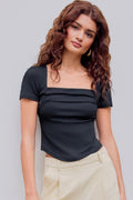 Siyah Fitilli Kısa Kollu Önü Büzgülü Crop Top - Siyah - Görsel 1