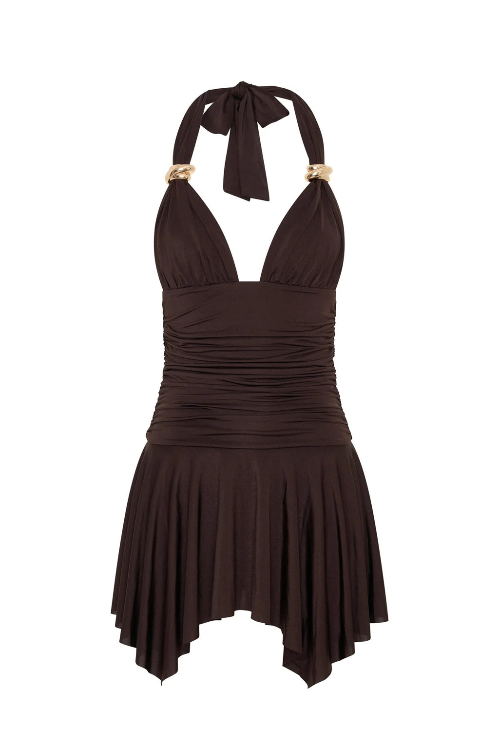 9093 Halter Yaka Aksesuarlı Elbise - Kahverengi - Görsel 5