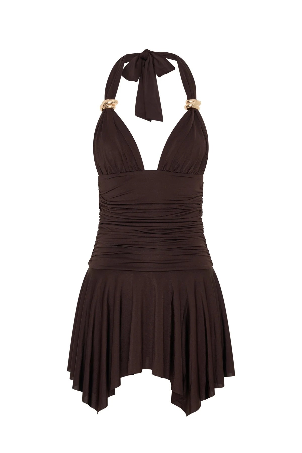 9093 Halter Yaka Aksesuarlı Elbise - Kahverengi - Görsel 5