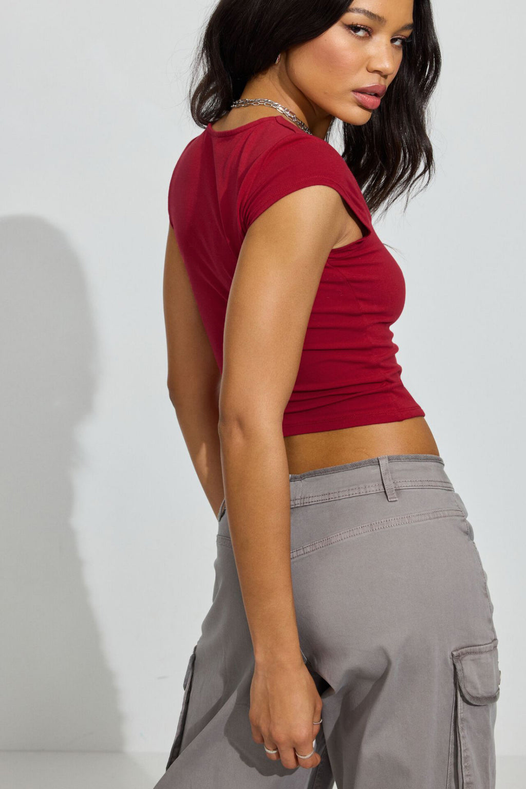 Kare Yaka Esnek Crop Bluz - Bordo - Görsel 2