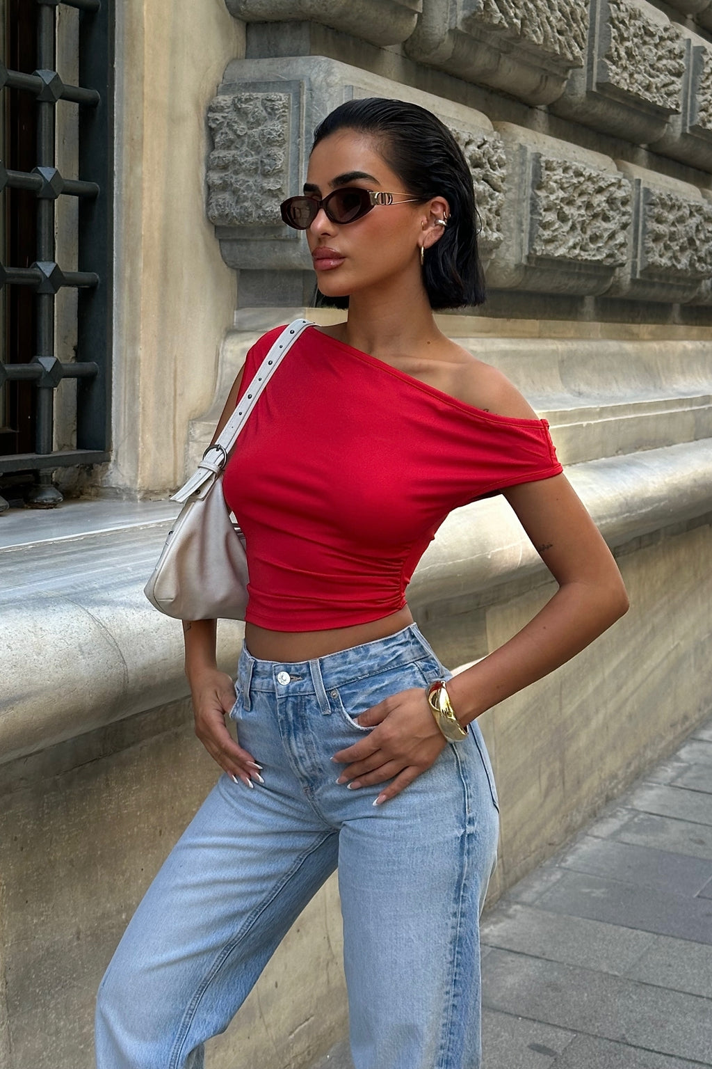 Kayık Yaka Esnek Crop Bluz - Kırmızı - Görsel 2