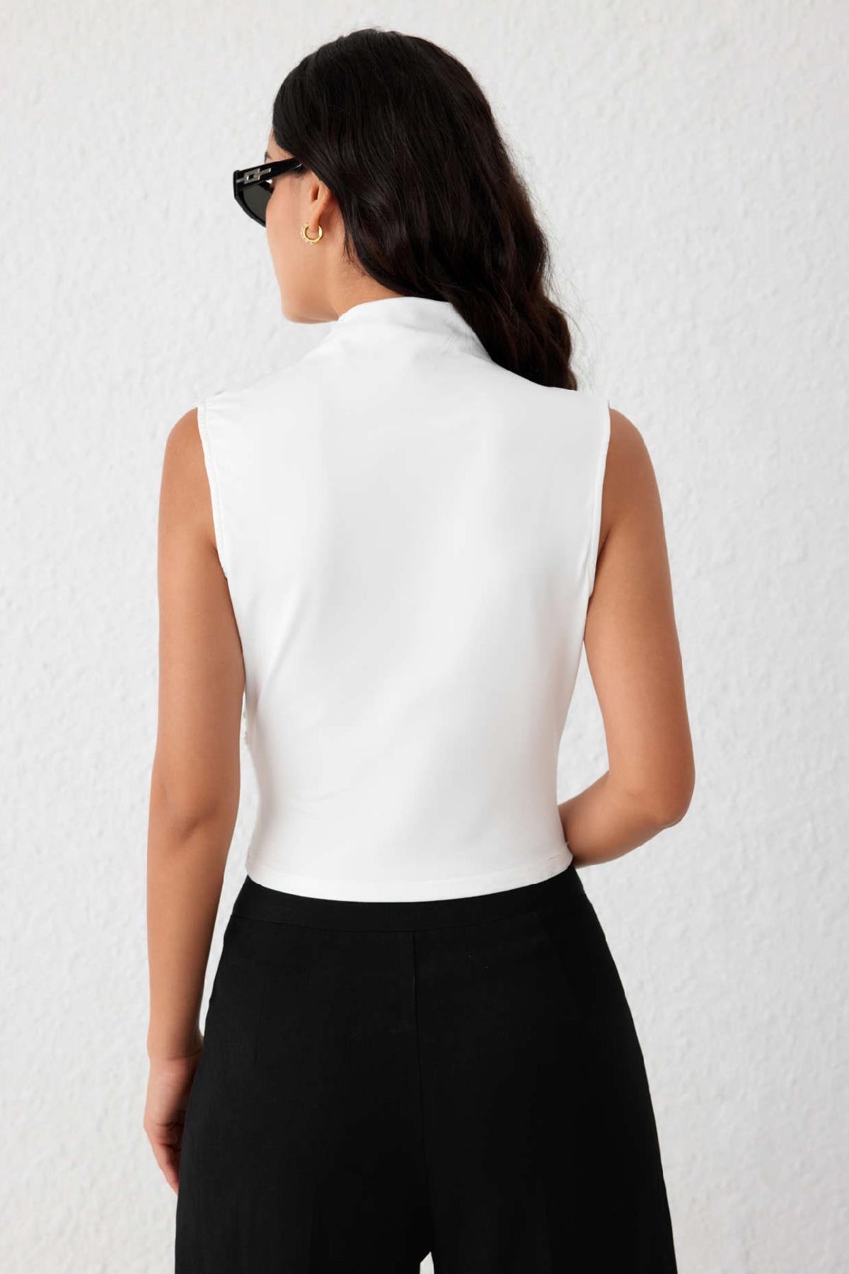 6071 Kolsuz Büzgülü Crop Bluz - Ekru