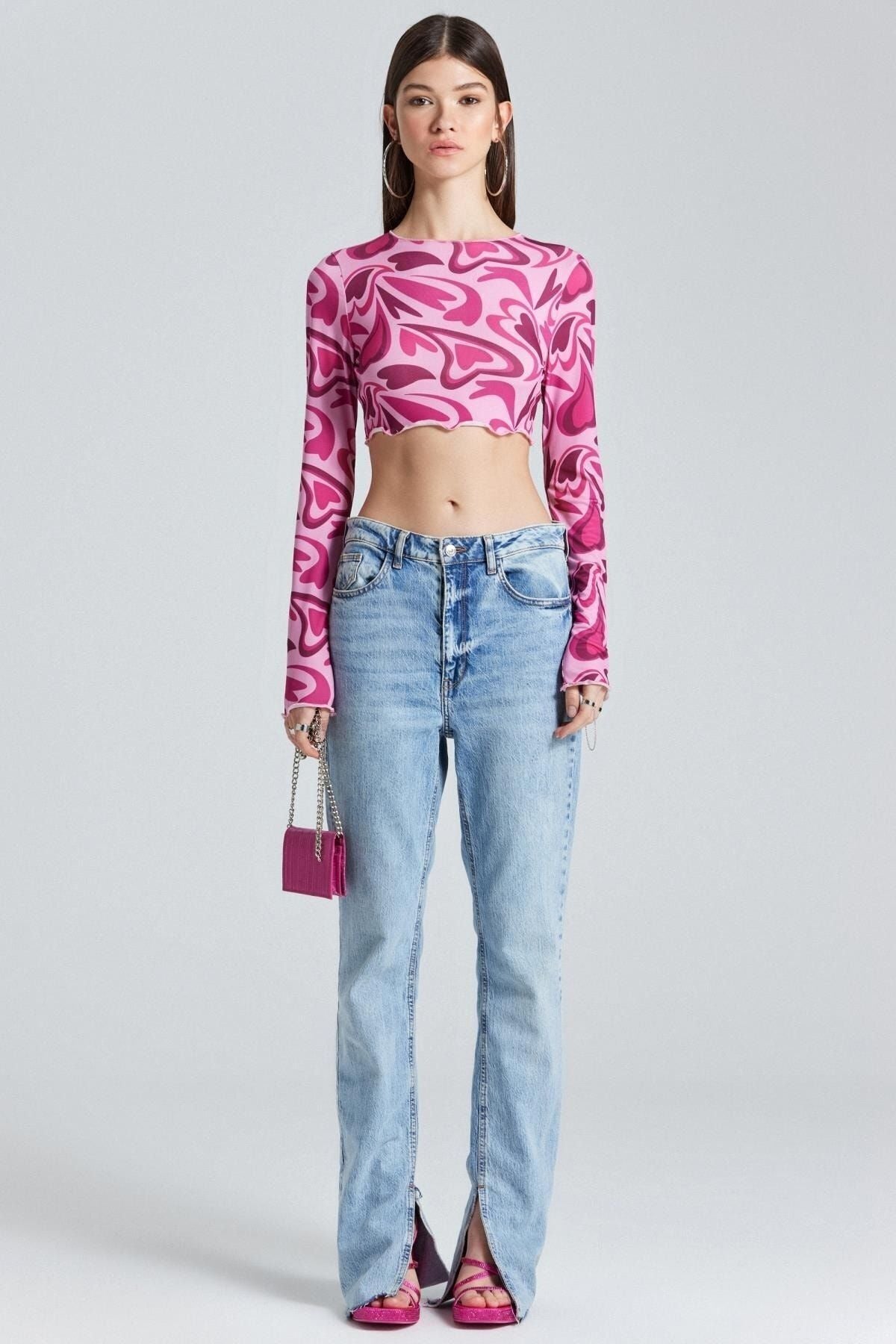 Kalp Desenli Pembe Crop - Pembe - Görsel 4