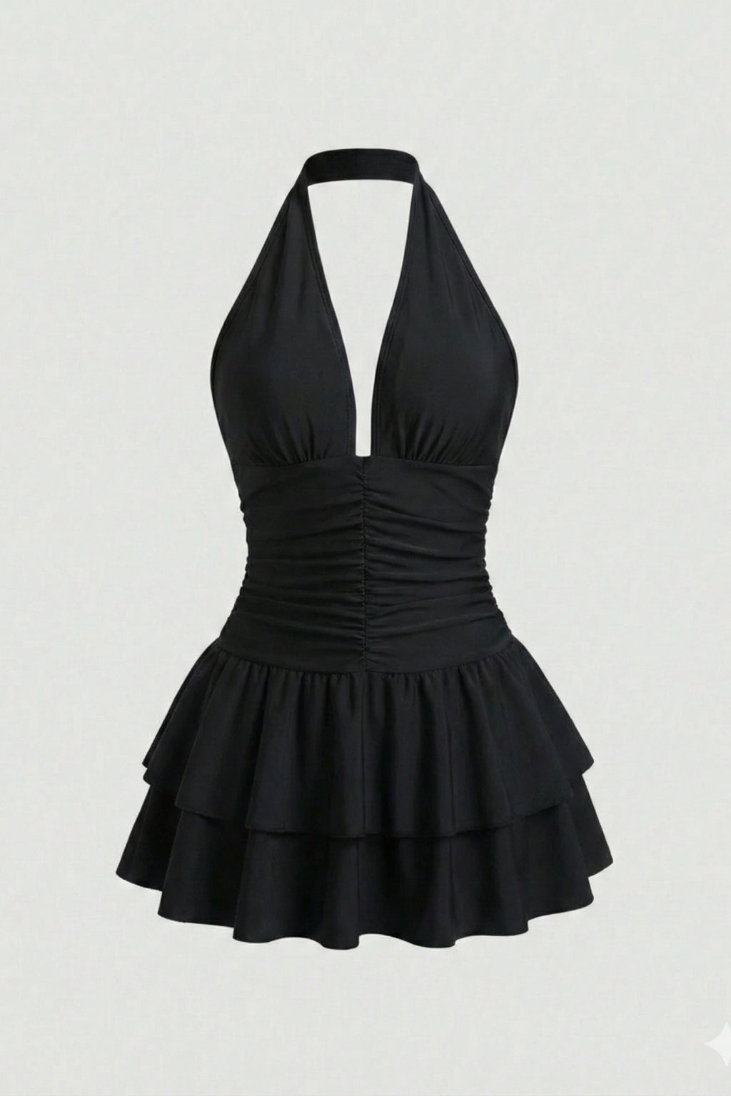 Halter Yaka Eteği Katlı Party Mini Elbise - Siyah - Görsel 3