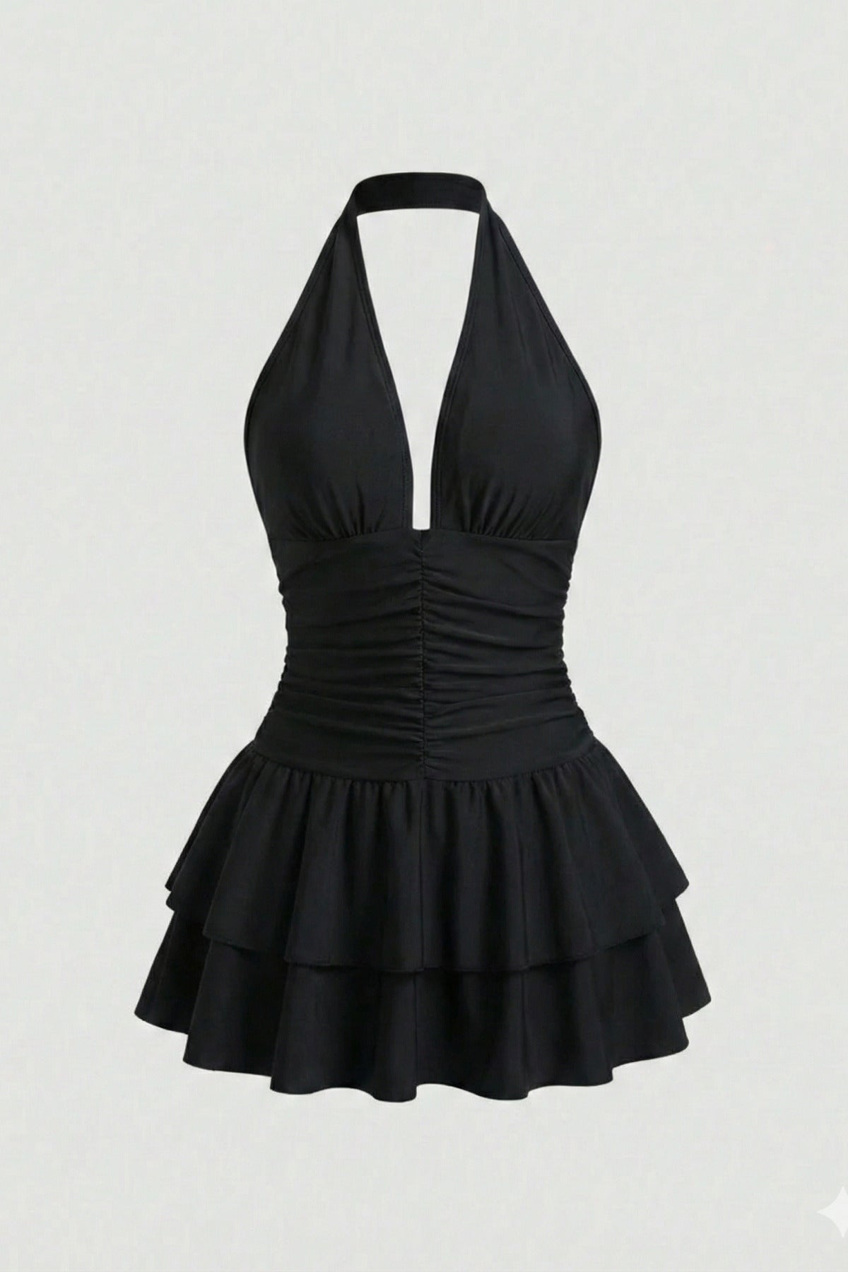 Halter Yaka Eteği Katlı Party Mini Elbise - Siyah - Görsel 3