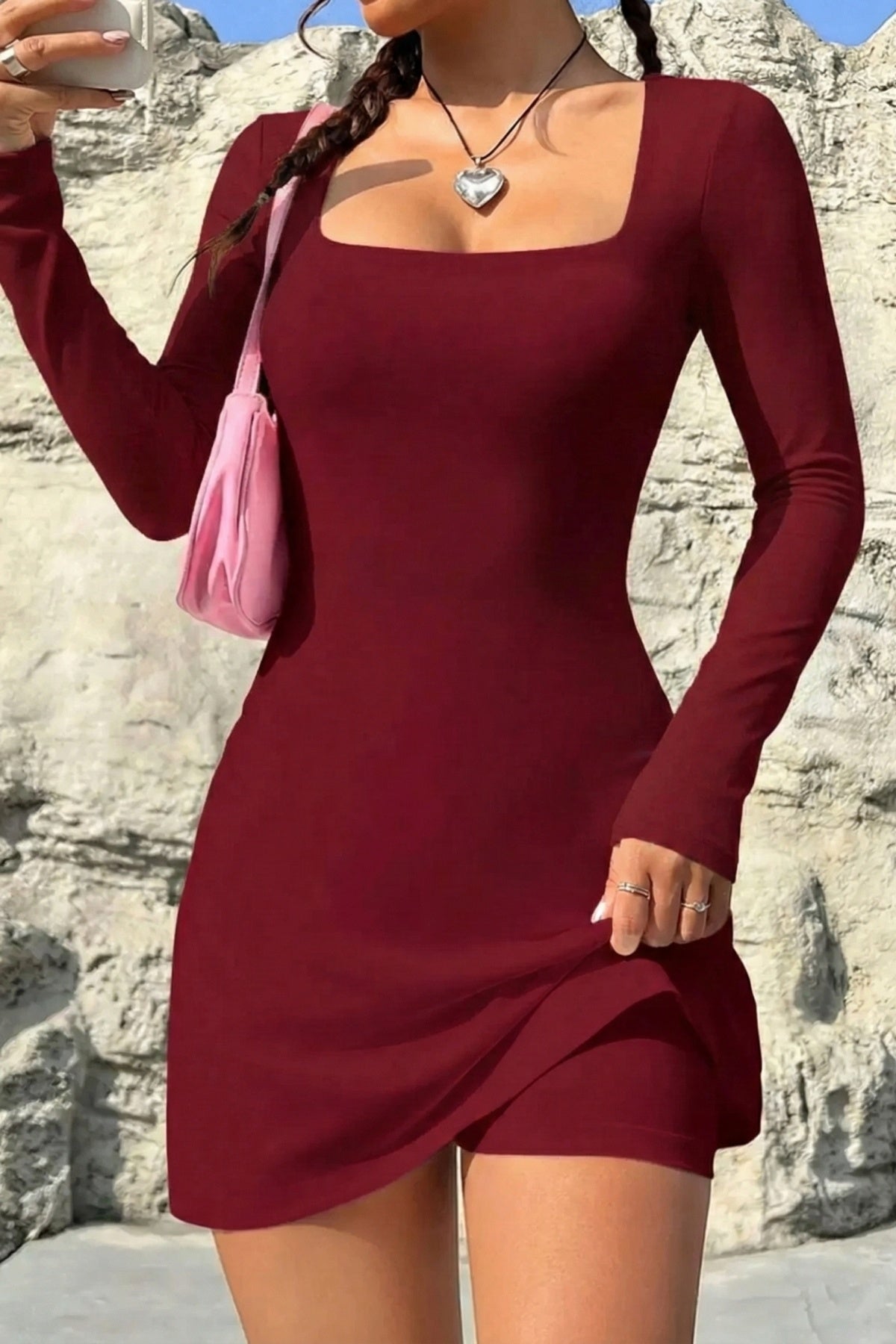 Geniş Yaka Şortlu Uzun Kollu Mini Elbise - Bordo - Görsel 1