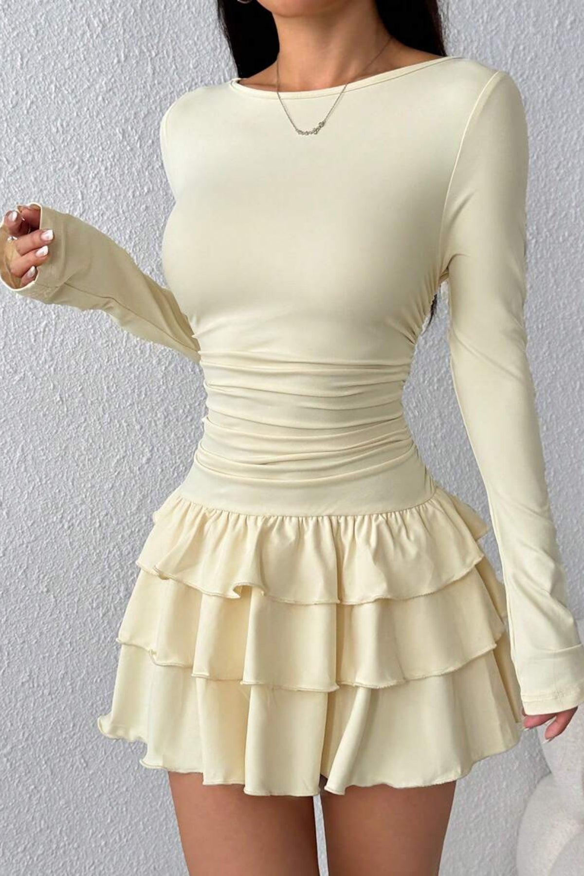 Eteği Kat Kat Volanlı Mini Elbise - Sarı - Görsel 5